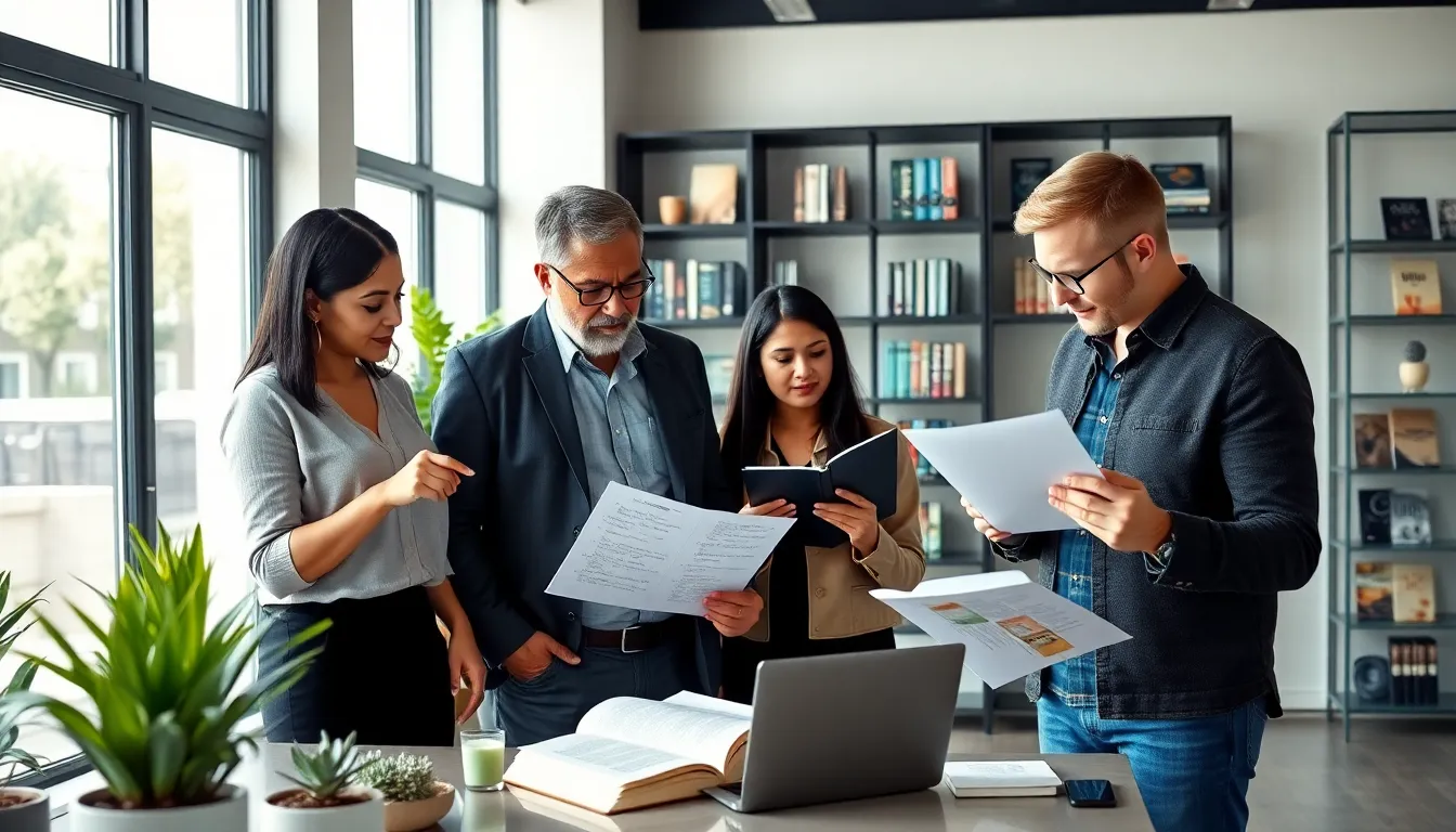 diverse team collaborating on audiobook projects in a modern office.