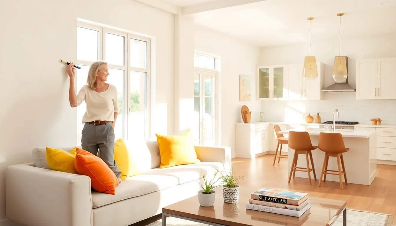 a woman painting a neutral wall in a stylish living room.