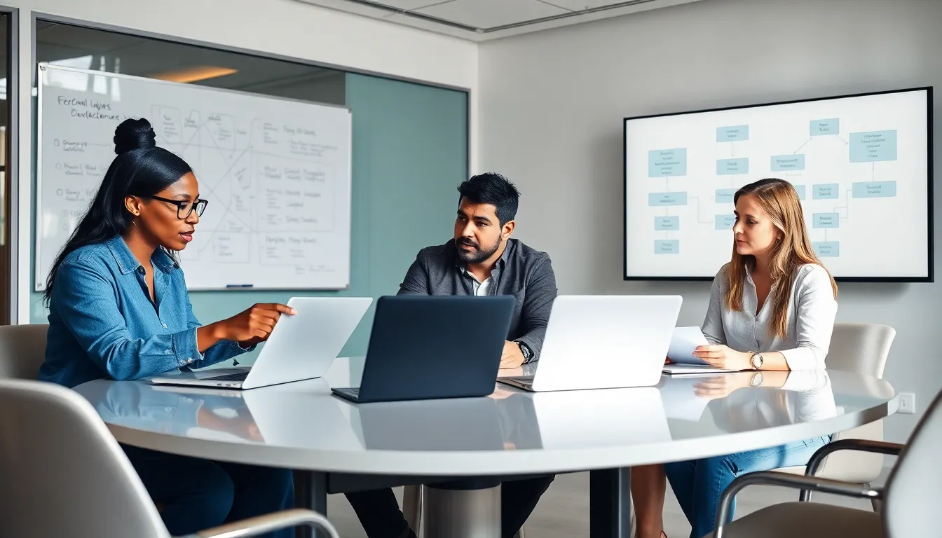 diverse team collaborating on custom software development in a modern office.