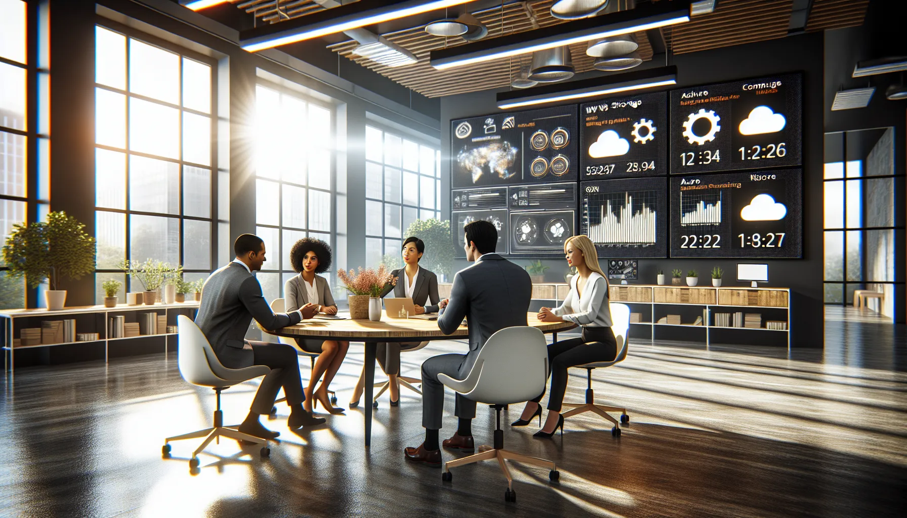 professionals discussing AWS and Azure cloud services in a bright office.