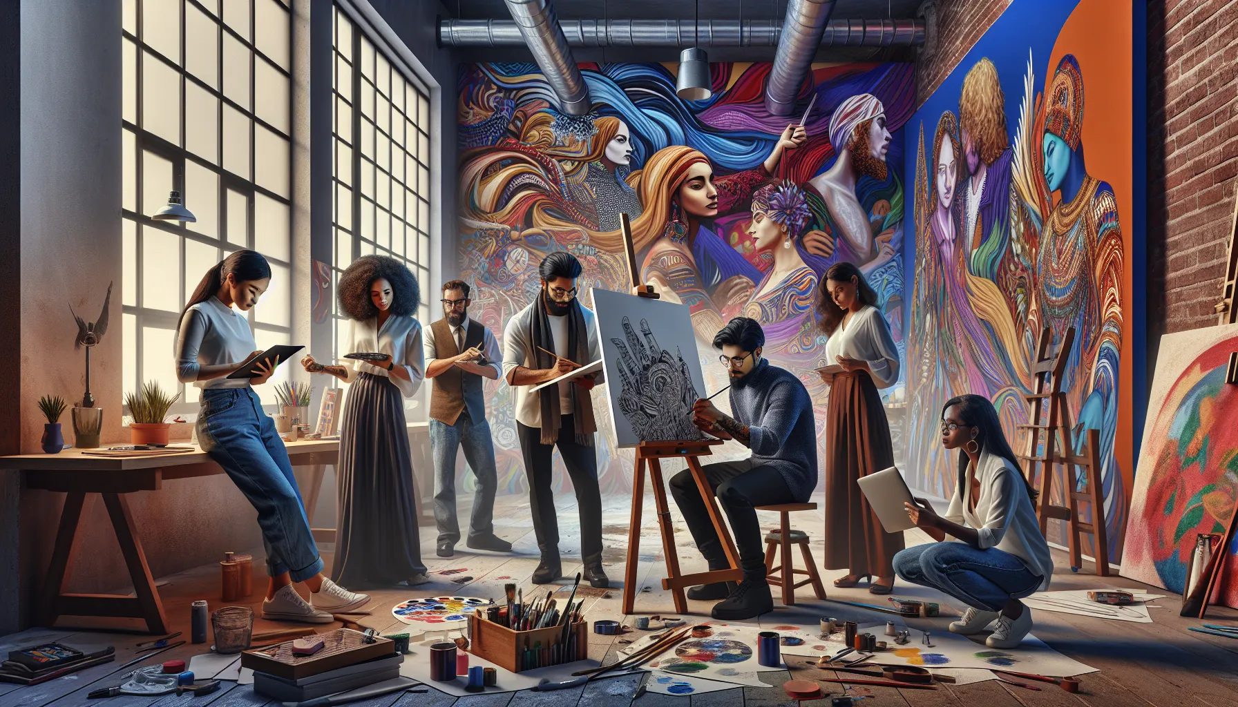 diverse artists collaborating in a colorful studio setting.