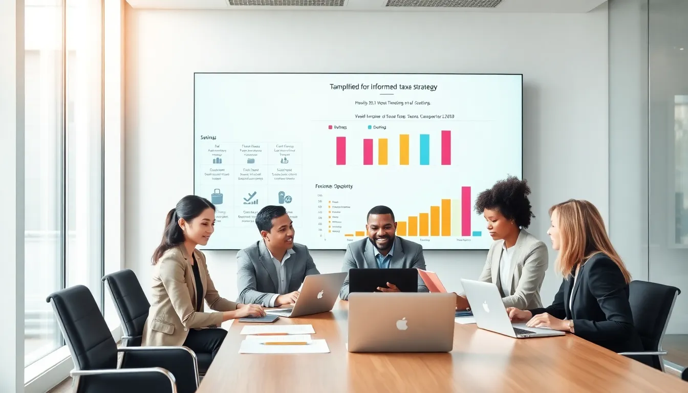 diverse team discussing legal tax strategies in a modern office.