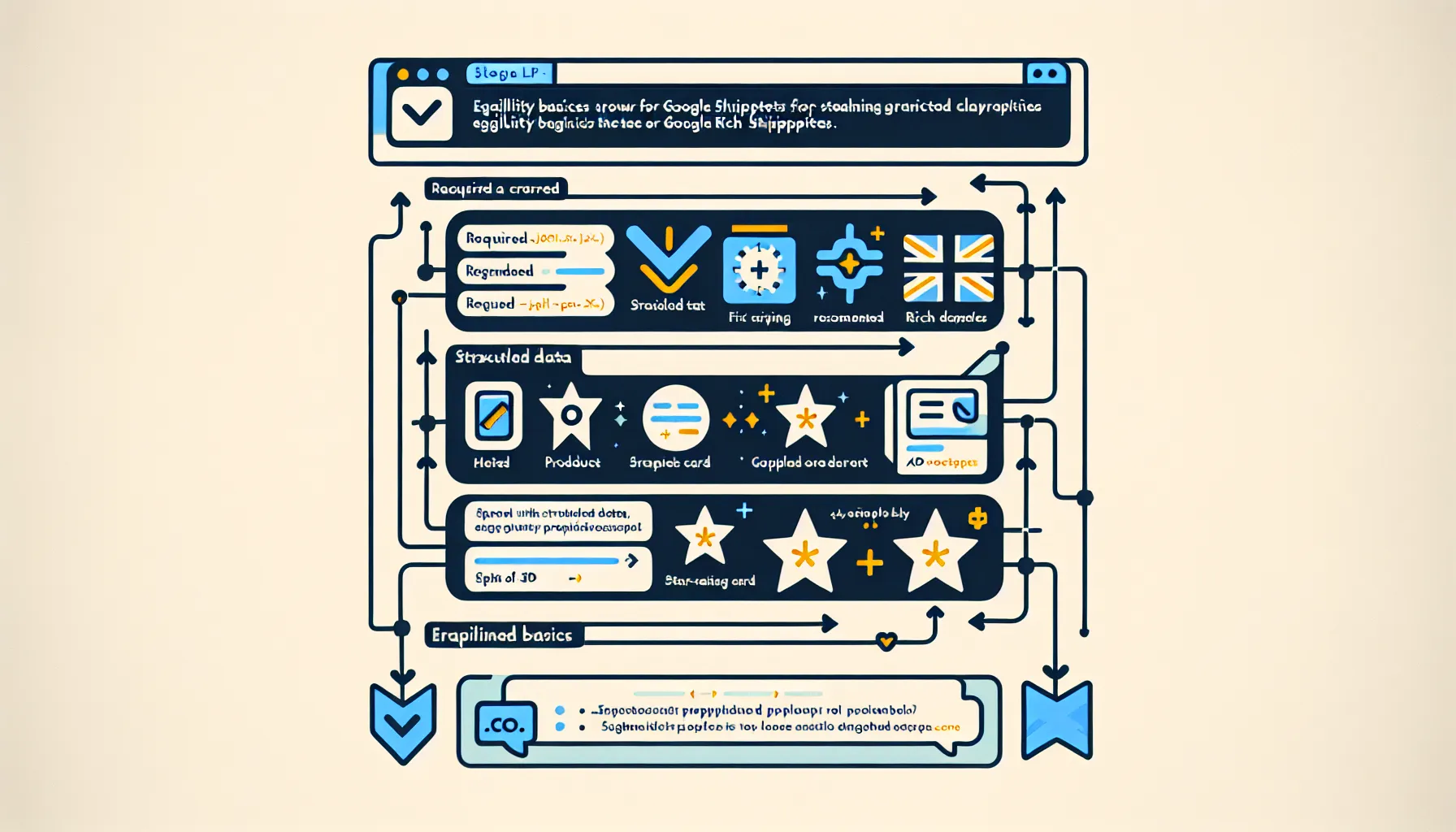 Three-step UK infographic on JSON-LD, required properties, and compliance for rich snippets.