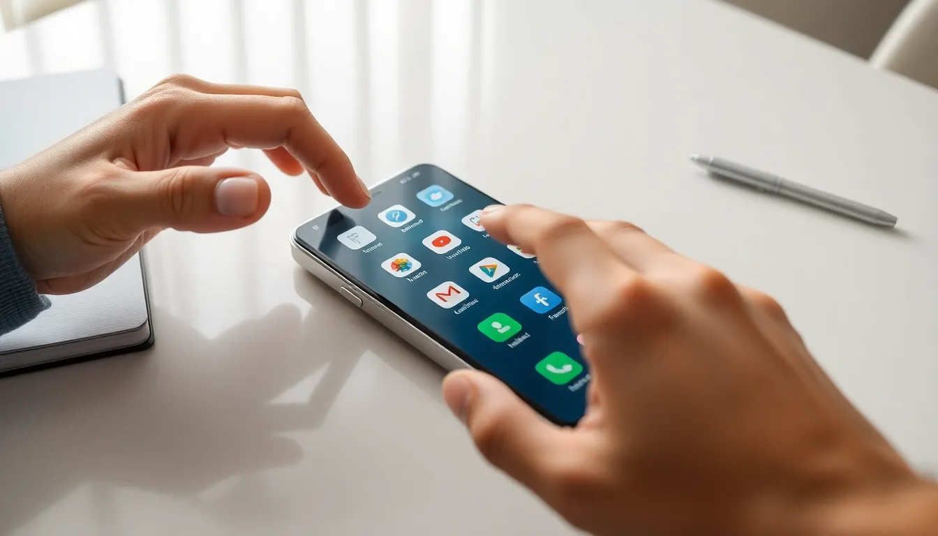 smartphone screen showing hidden apps in a minimalist workspace.