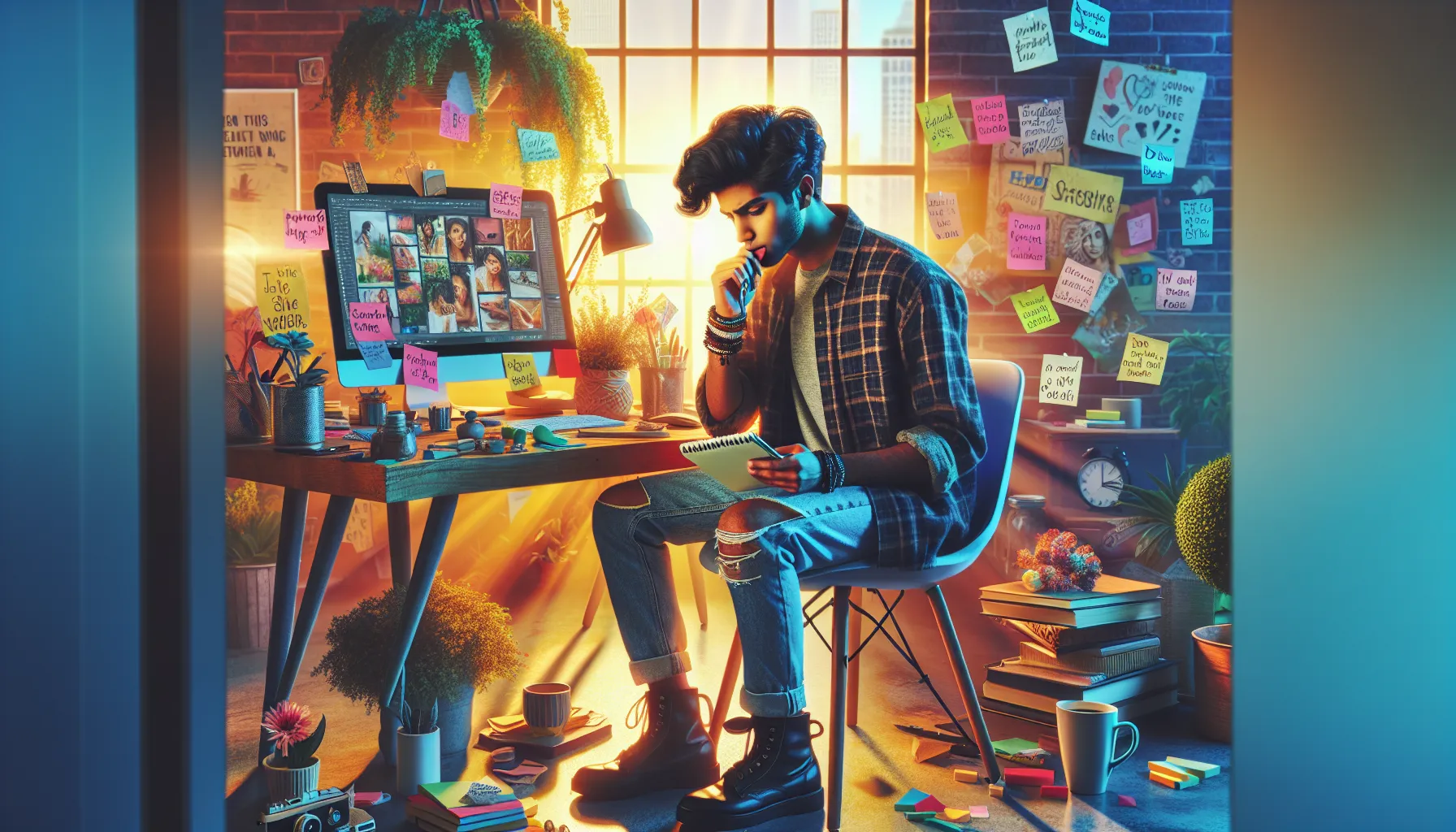 individual writing at a modern workspace, surrounded by inspirational content.