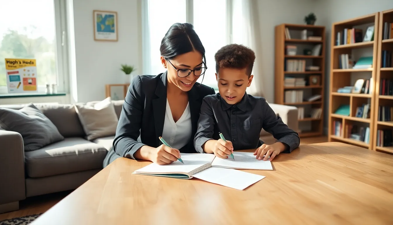 mother assisting her son with homework in a cozy living room.