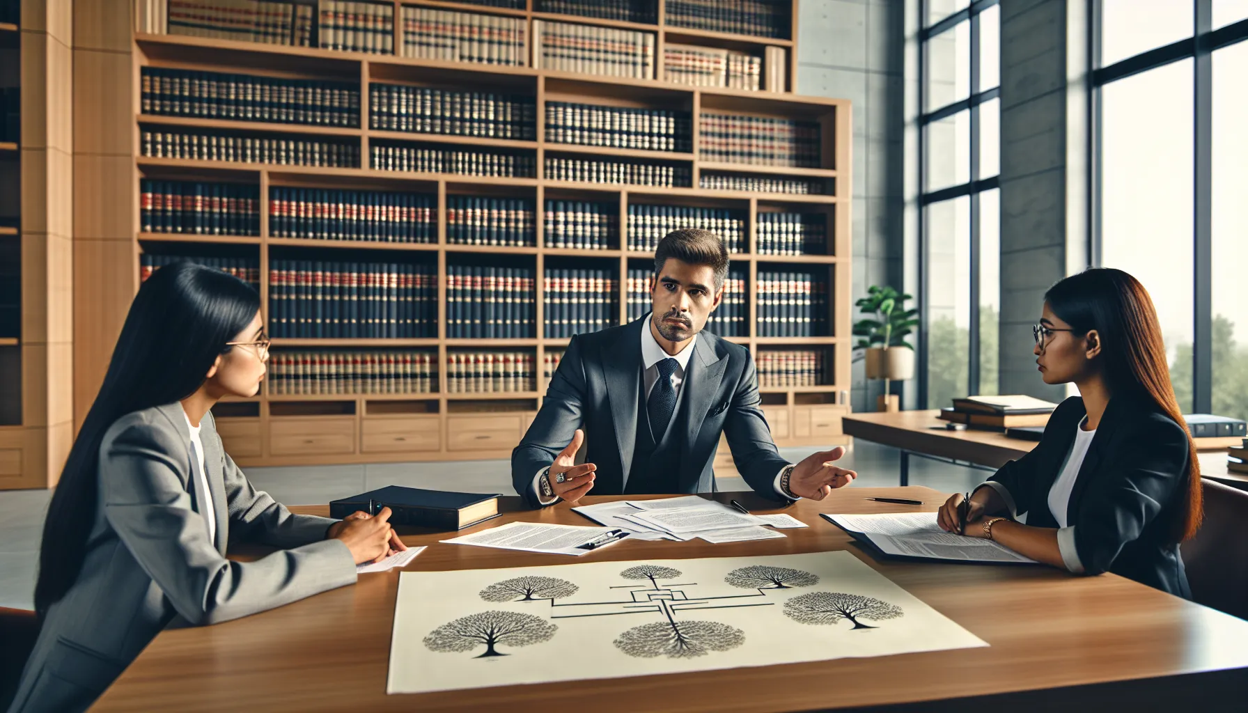 Croatian lawyer consulting clients about inheritance law with legal documents on desk