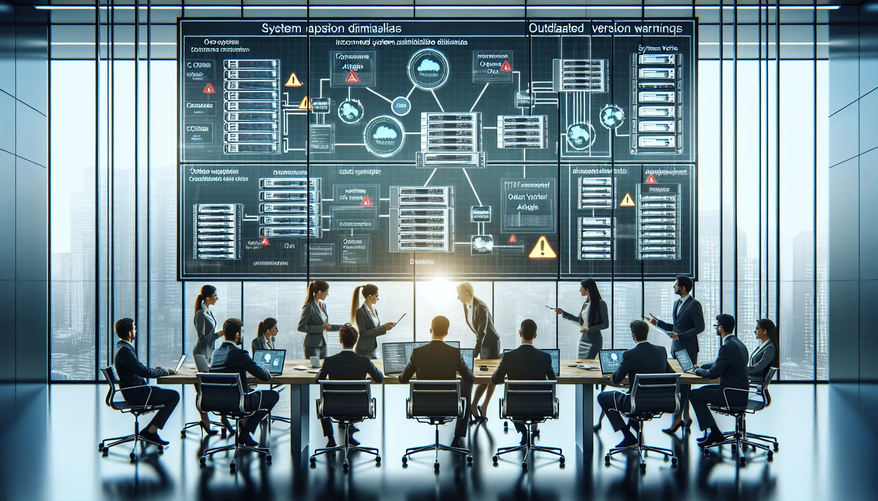 IT professionals discussing system upgrades around digital dashboard showing software compatibility warnings