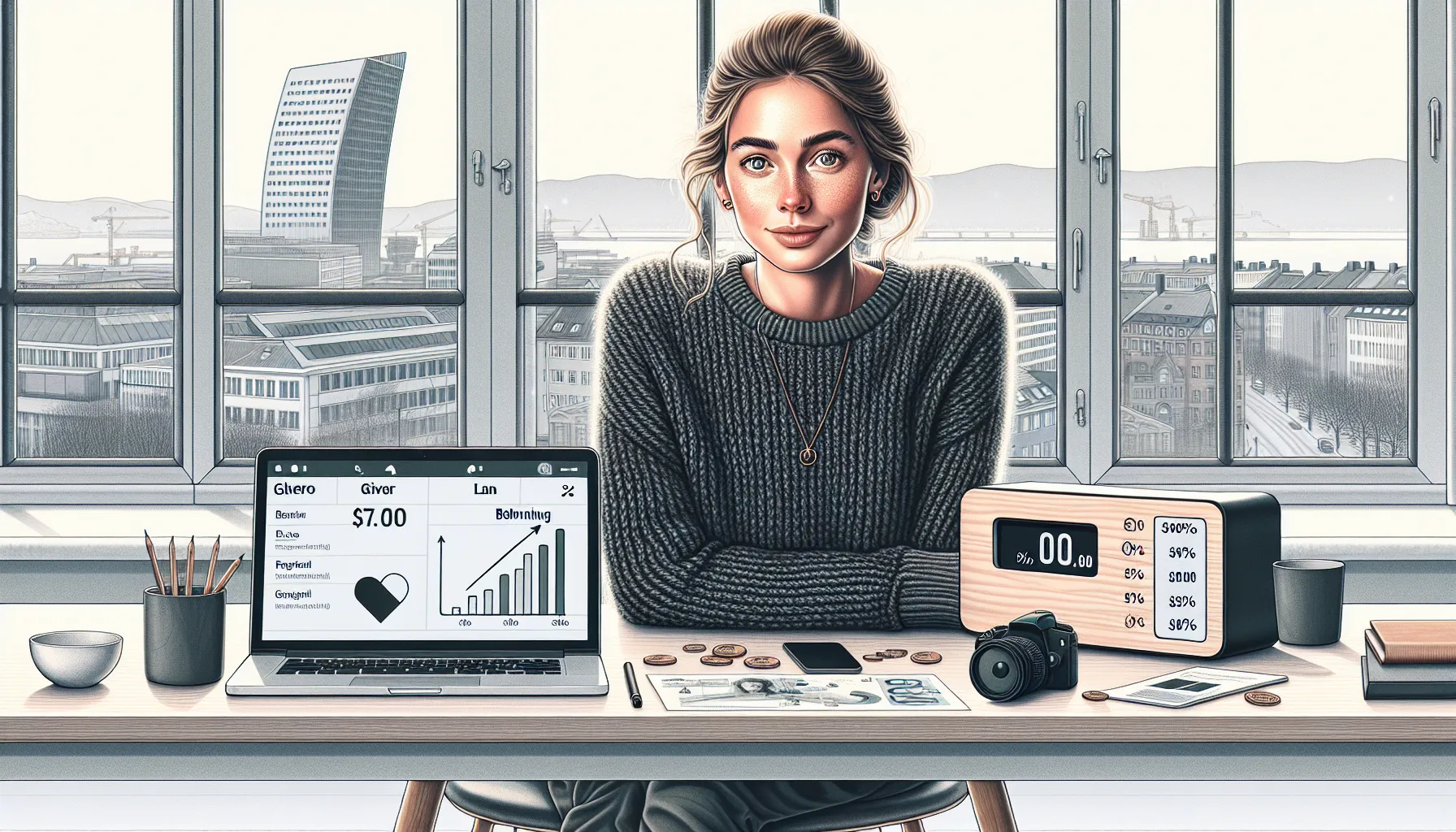 Norwegian entrepreneur compares crowdfunding models on laptop in an oslo coworking space.