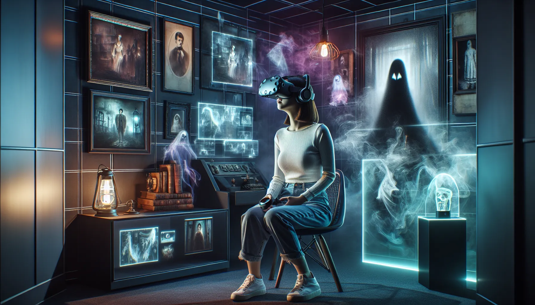 a person using virtual reality in a spooky, immersive setting.
