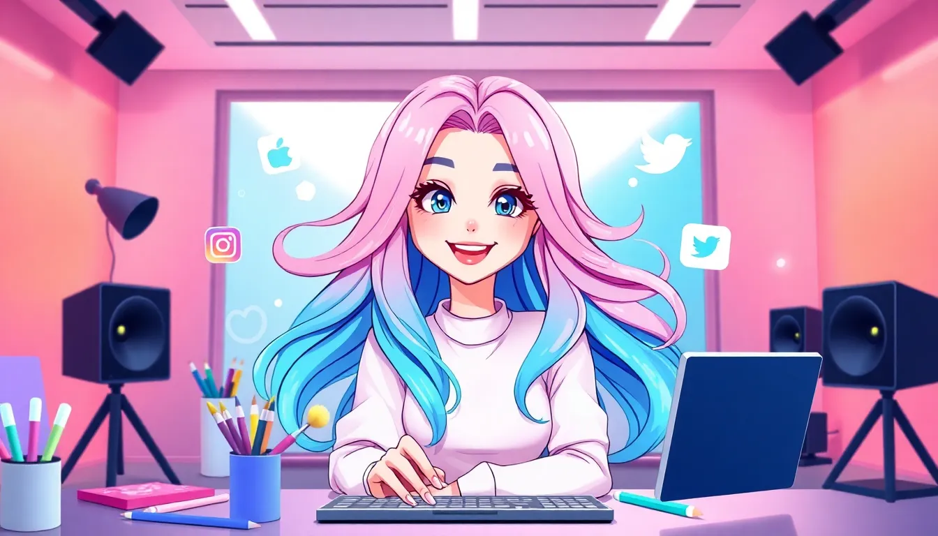 A digital VTuber avatar in a colorful virtual studio.