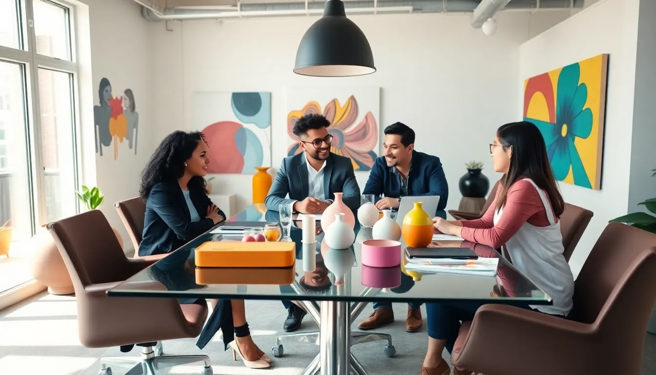 diverse team discussing artistic products in a modern workspace.