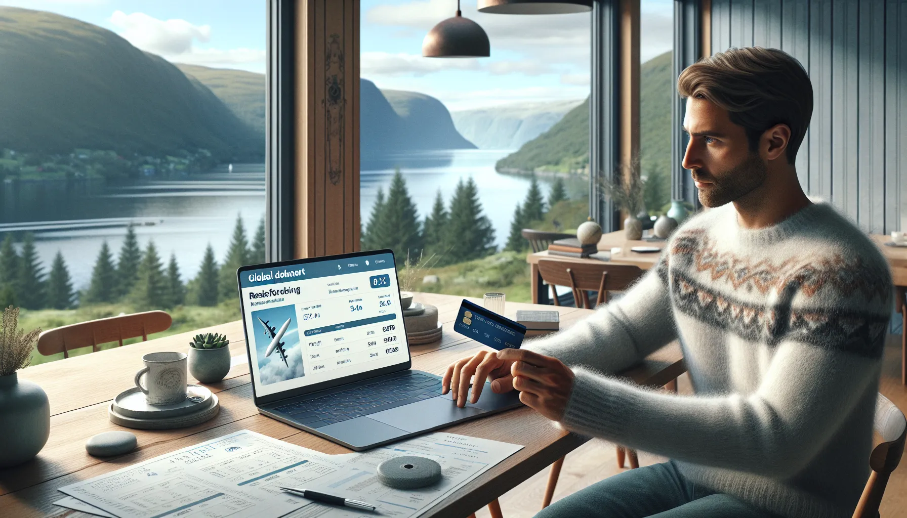 Norwegian man booking a family trip online with a credit card in hand.