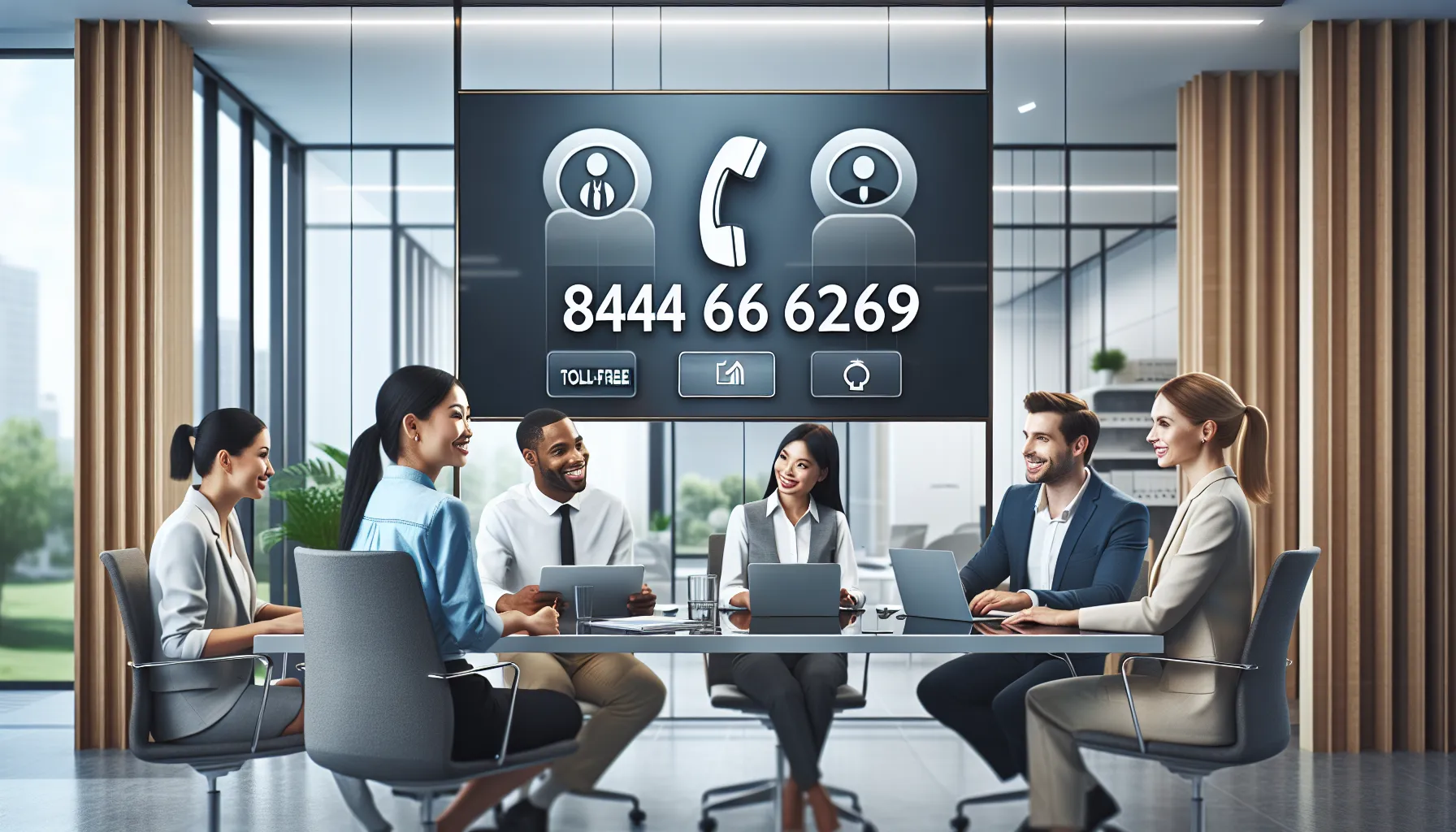 diverse team in a modern office discussing a toll-free number.