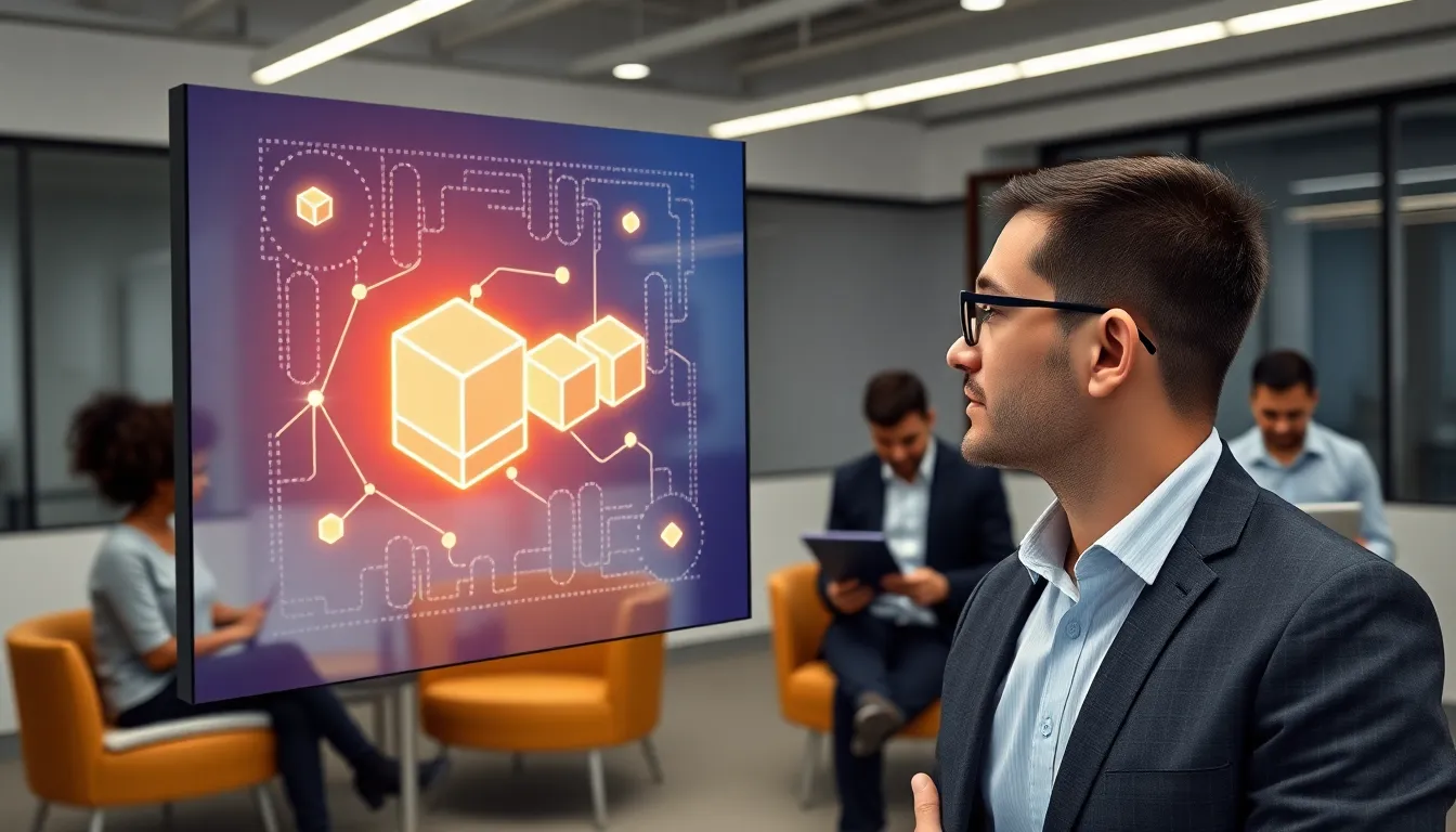 Professional analyzing a digital display of blockchain transactions.