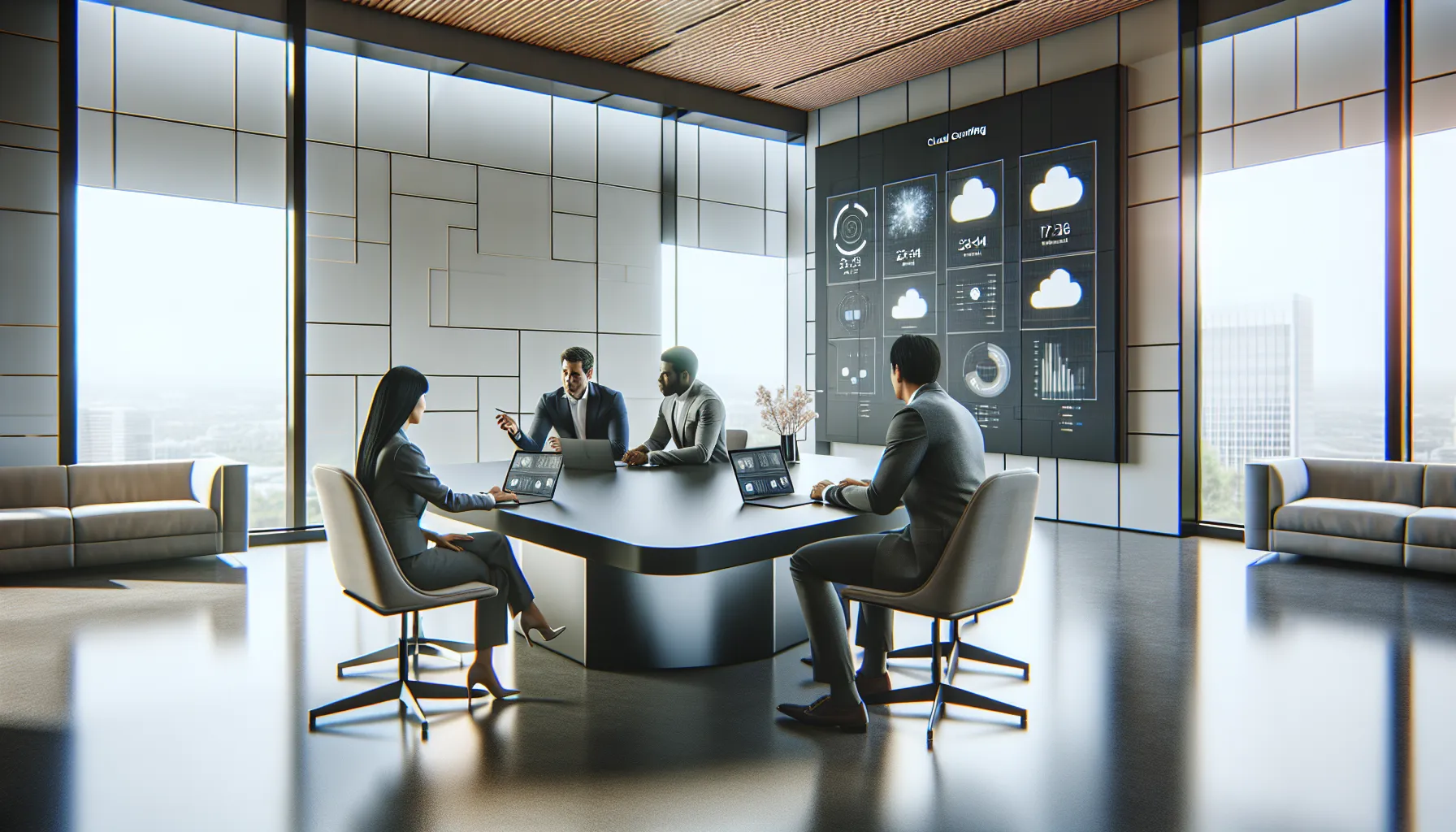 team discussing cloud computing solutions in a modern office.