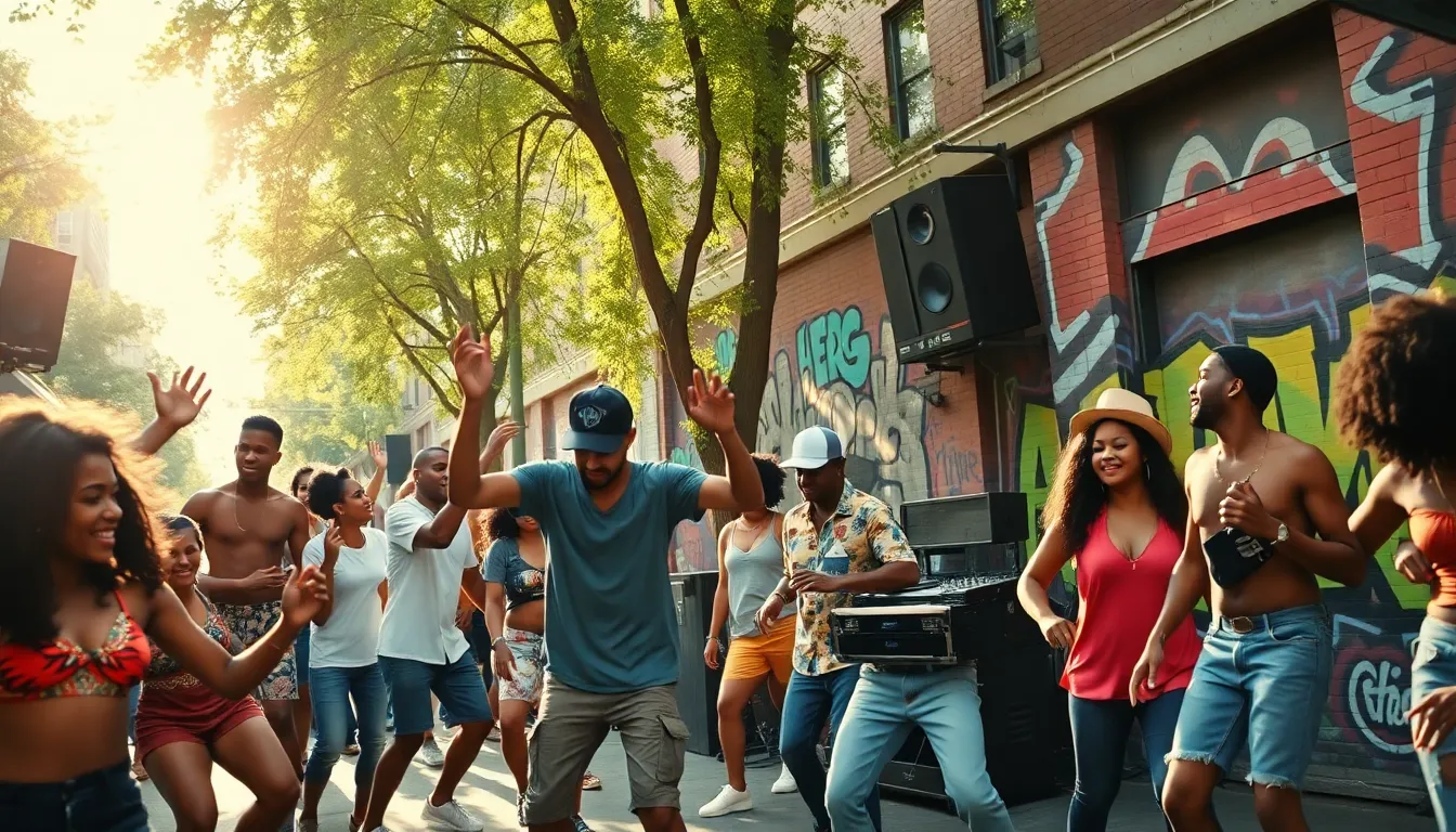 vibrant block party celebrating hip hop culture in the Bronx.