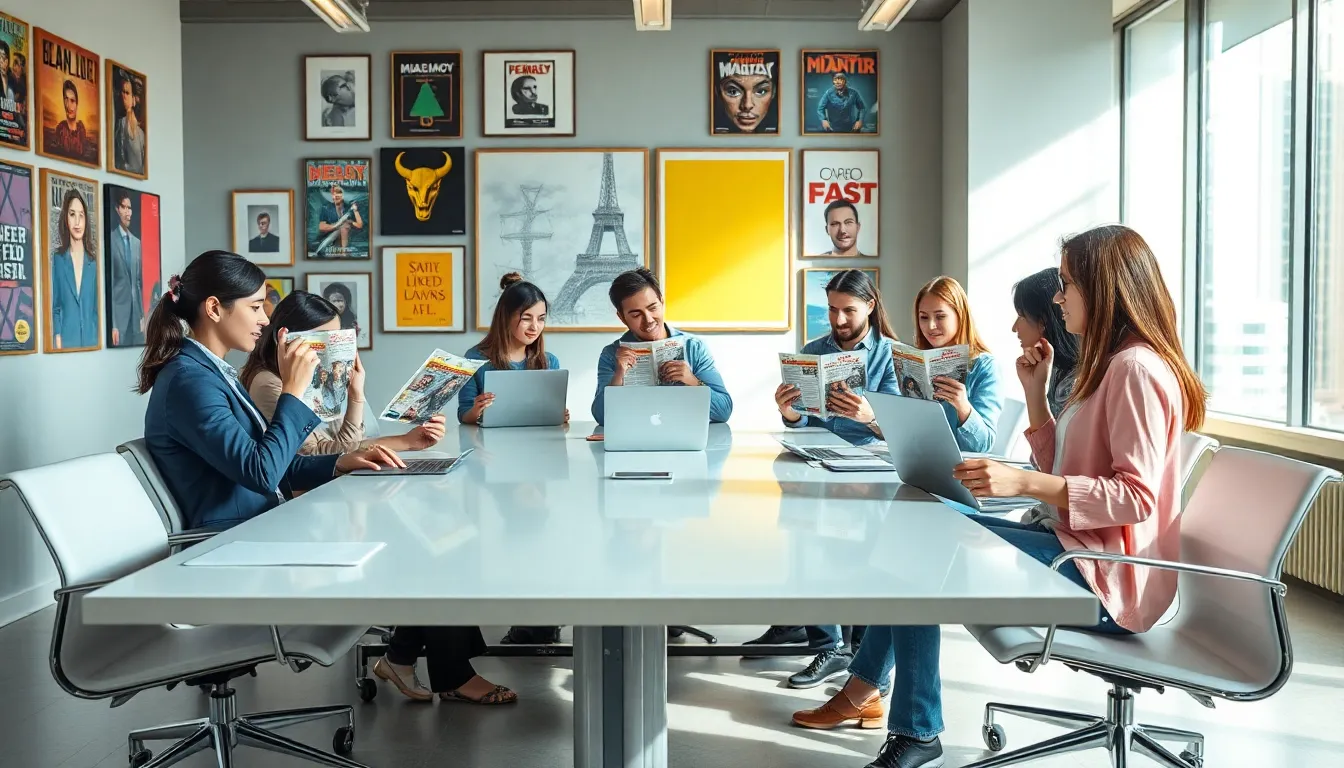 diverse team collaborating on digital magazine projects in a vibrant office.