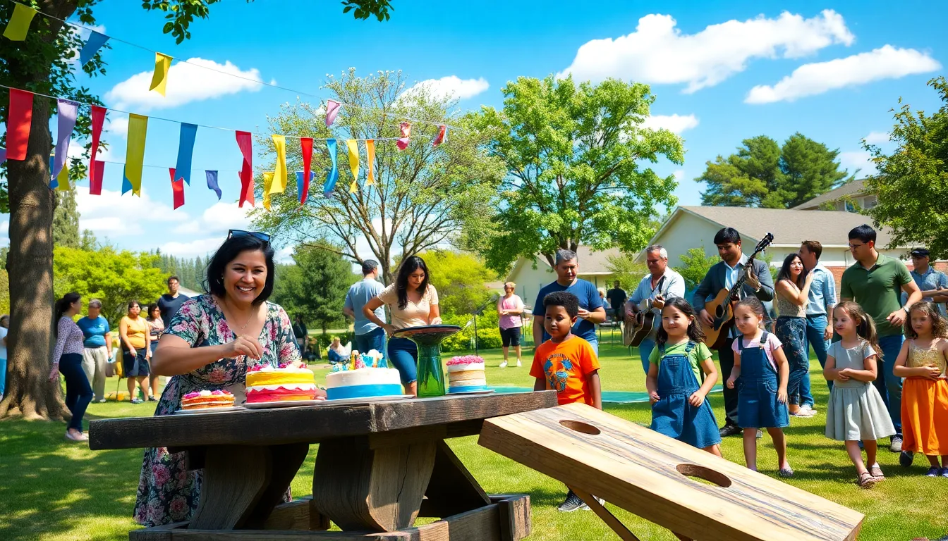 a community festival with homemade food and local musicians in a park.
