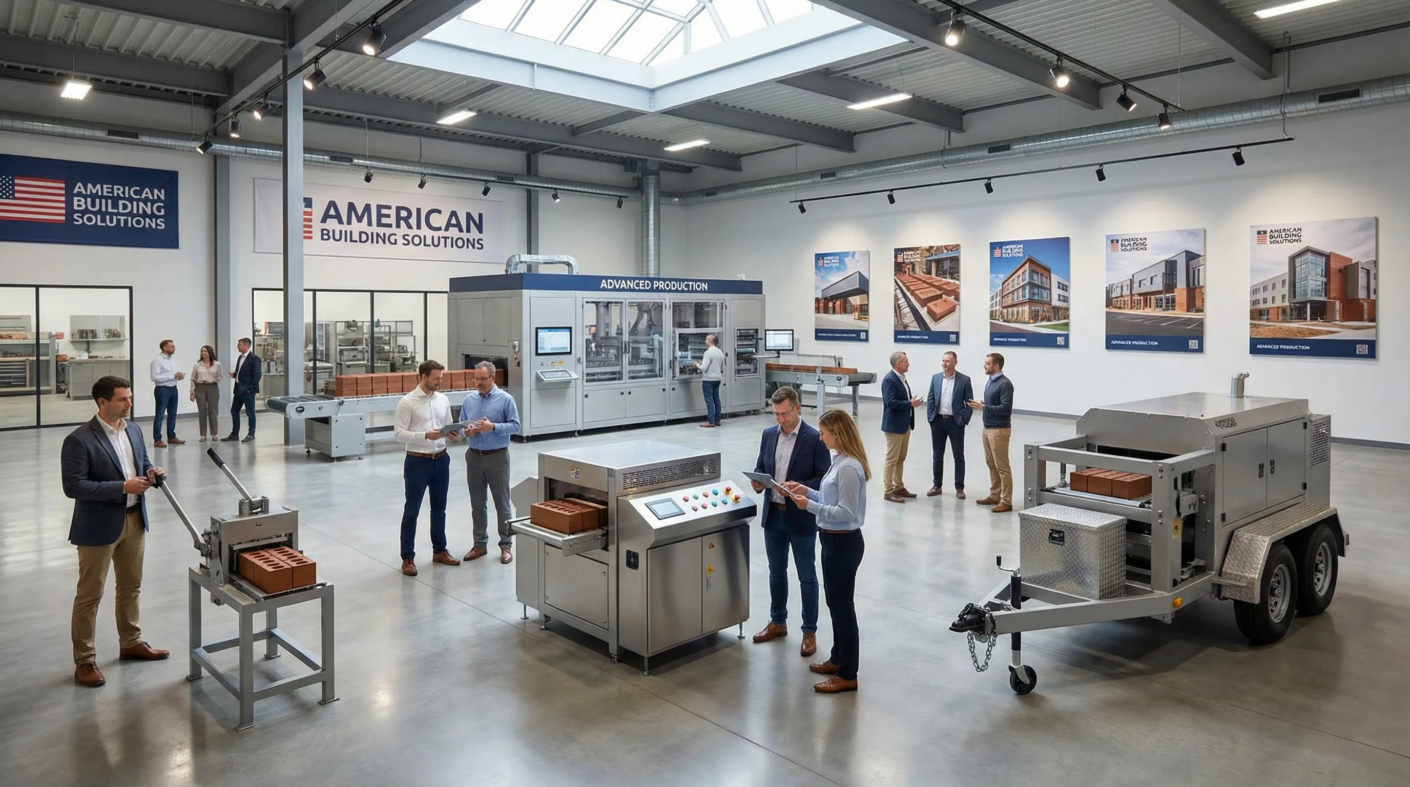 Professionals reviewing different types of brick machines in a modern showroom.