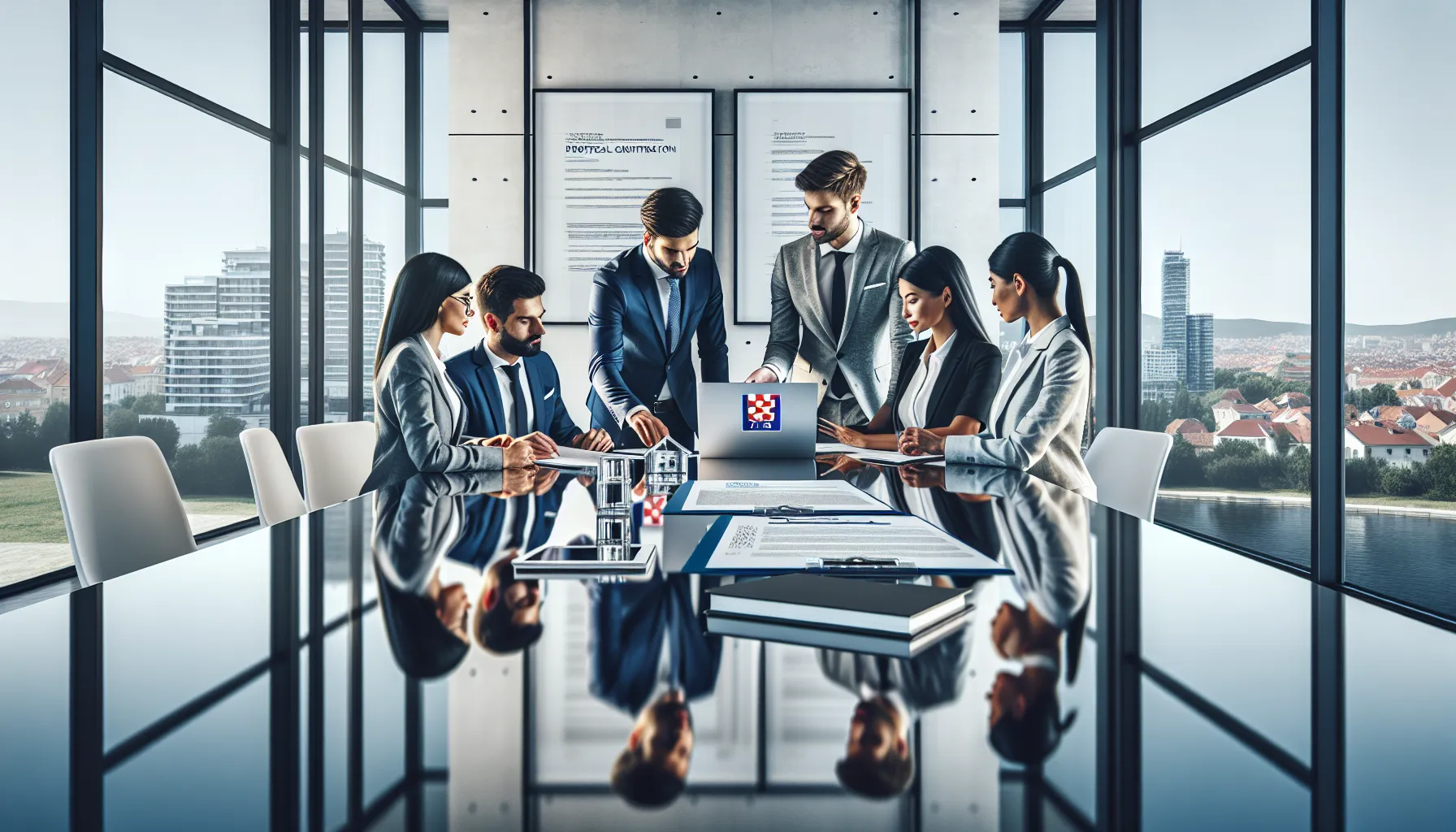 Croatian real estate professionals reviewing property sale documents in modern office