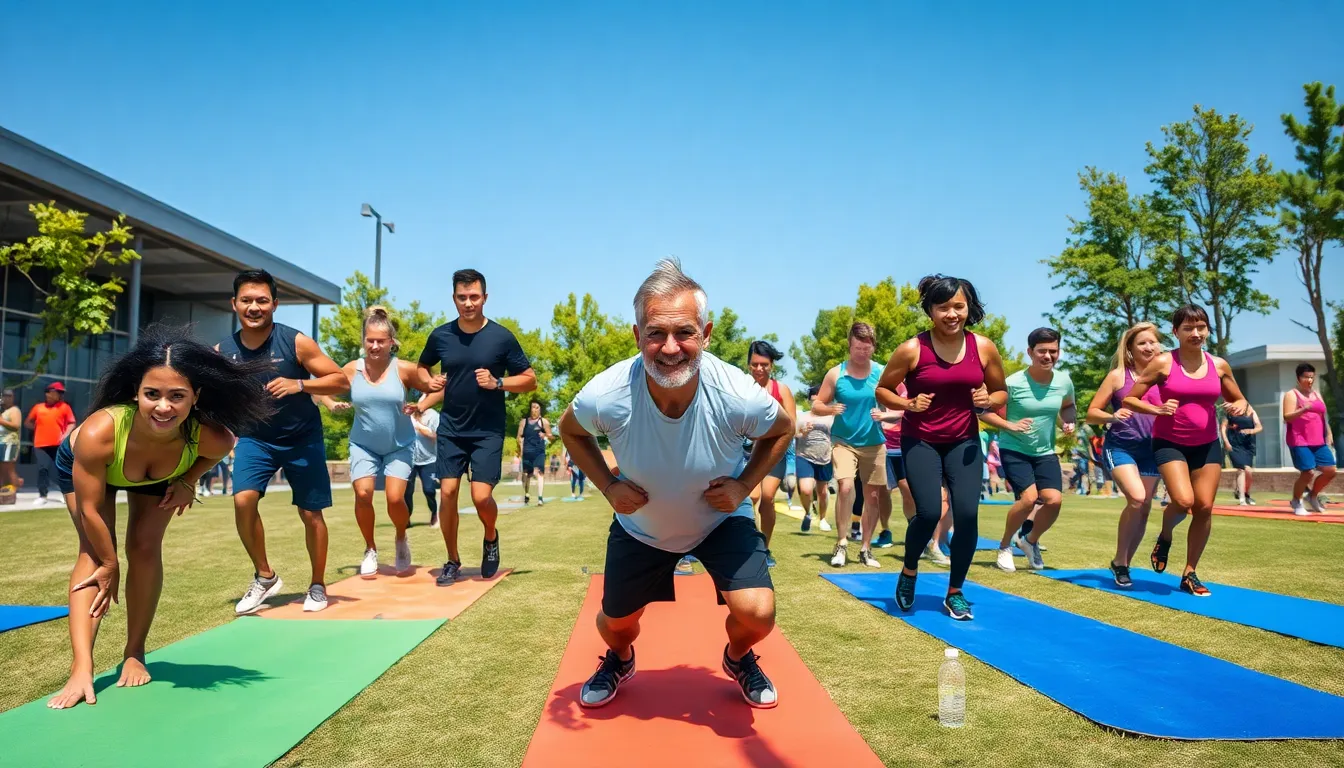 diverse group at a fitness training camp engaging in workouts.
