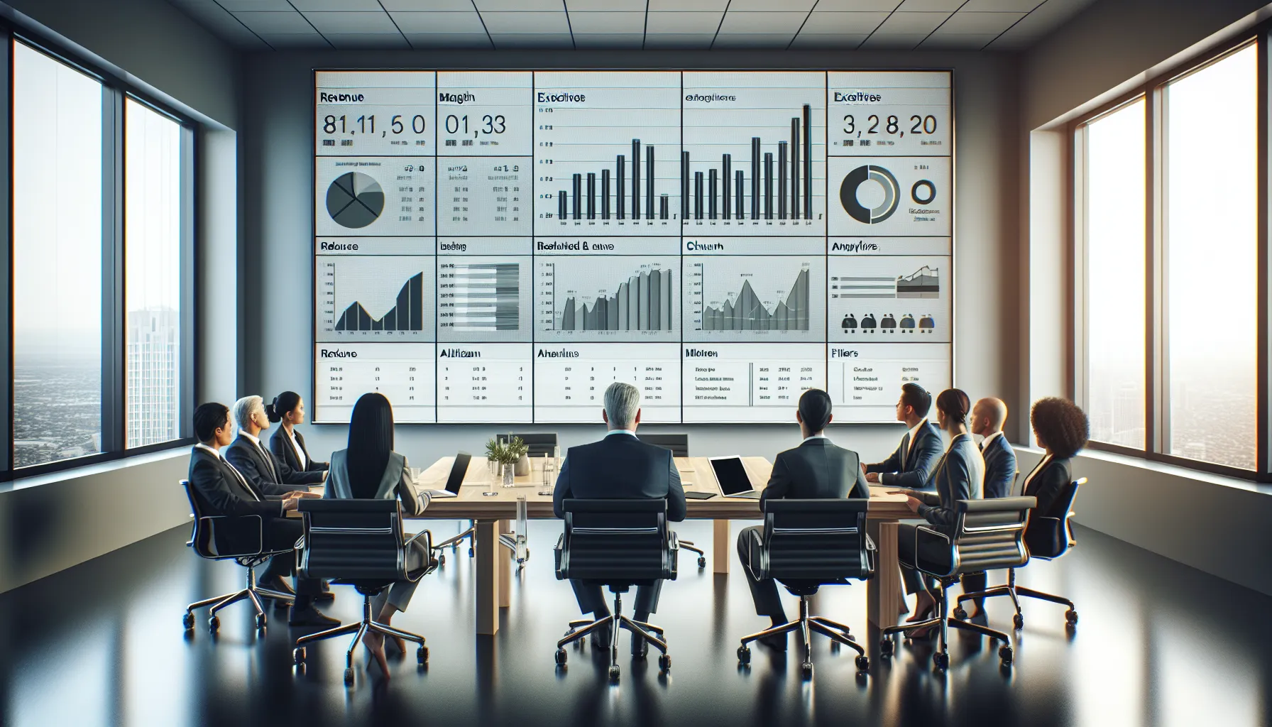 Executives review standardized Tableau dashboards on large and mobile screens in a modern office.