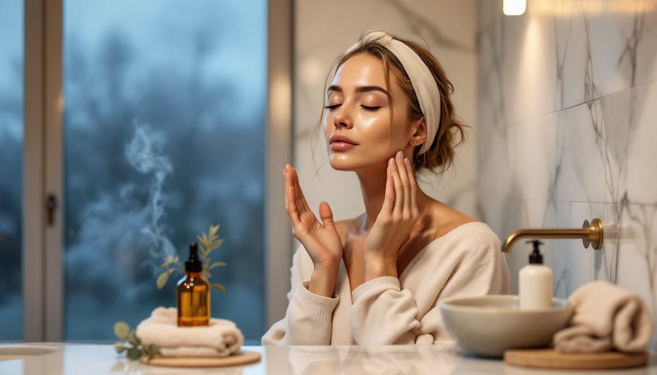 Woman gently massaging cleansing oil onto her face at a bathroom vanity at night.