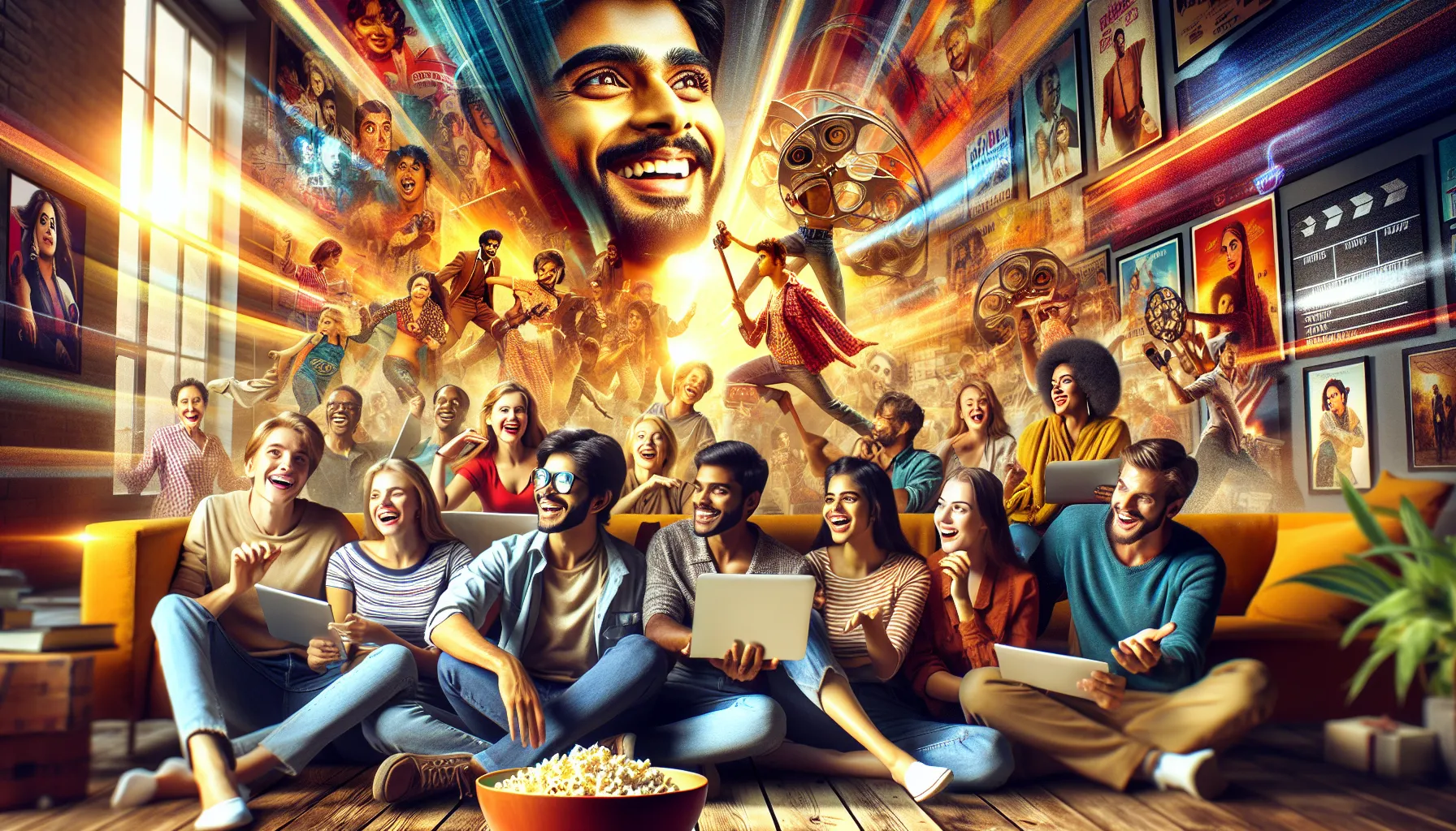 diverse group enjoying Telugu movies on digital devices.