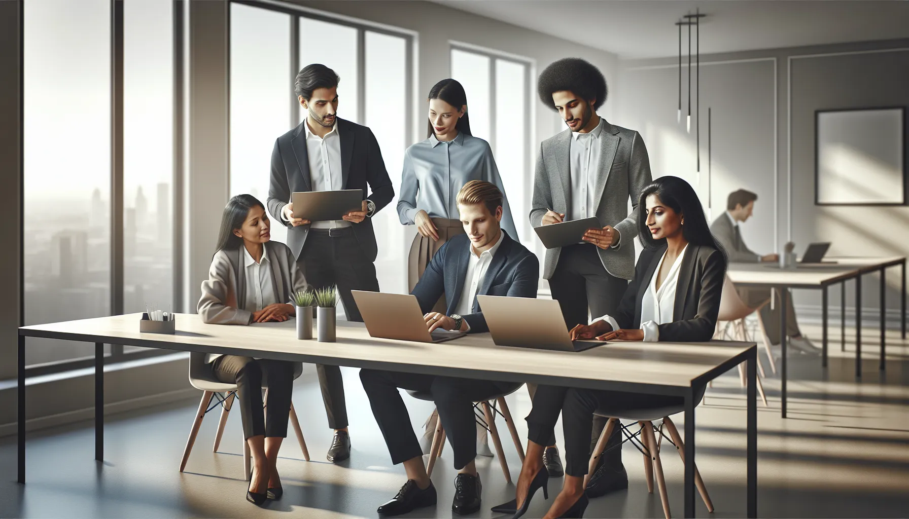 diverse team demonstrating user-friendly software in a modern office.