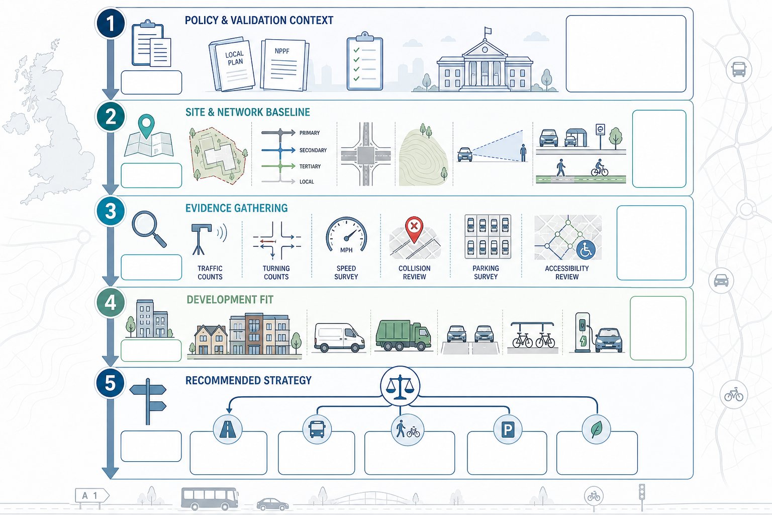 Five-step transport planning review infographic for a UK development site.