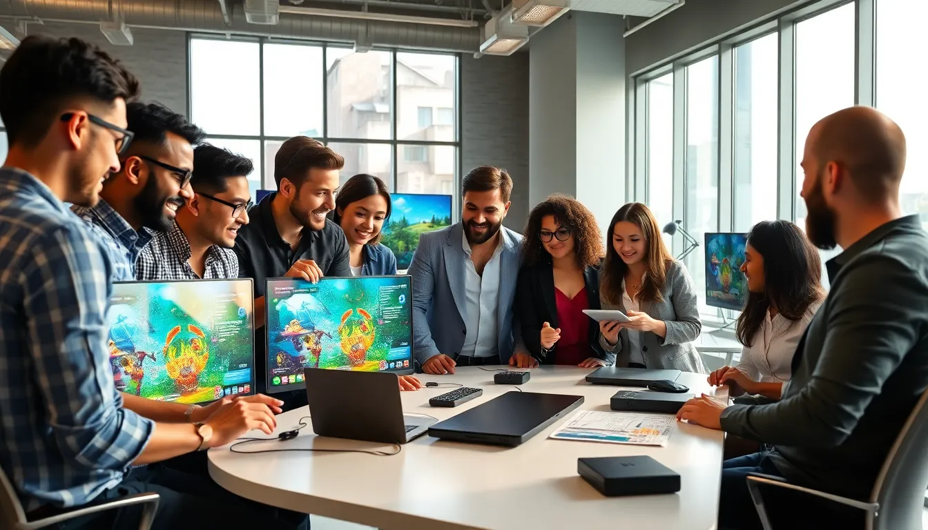 diverse tech team collaborating on game design in a modern office.