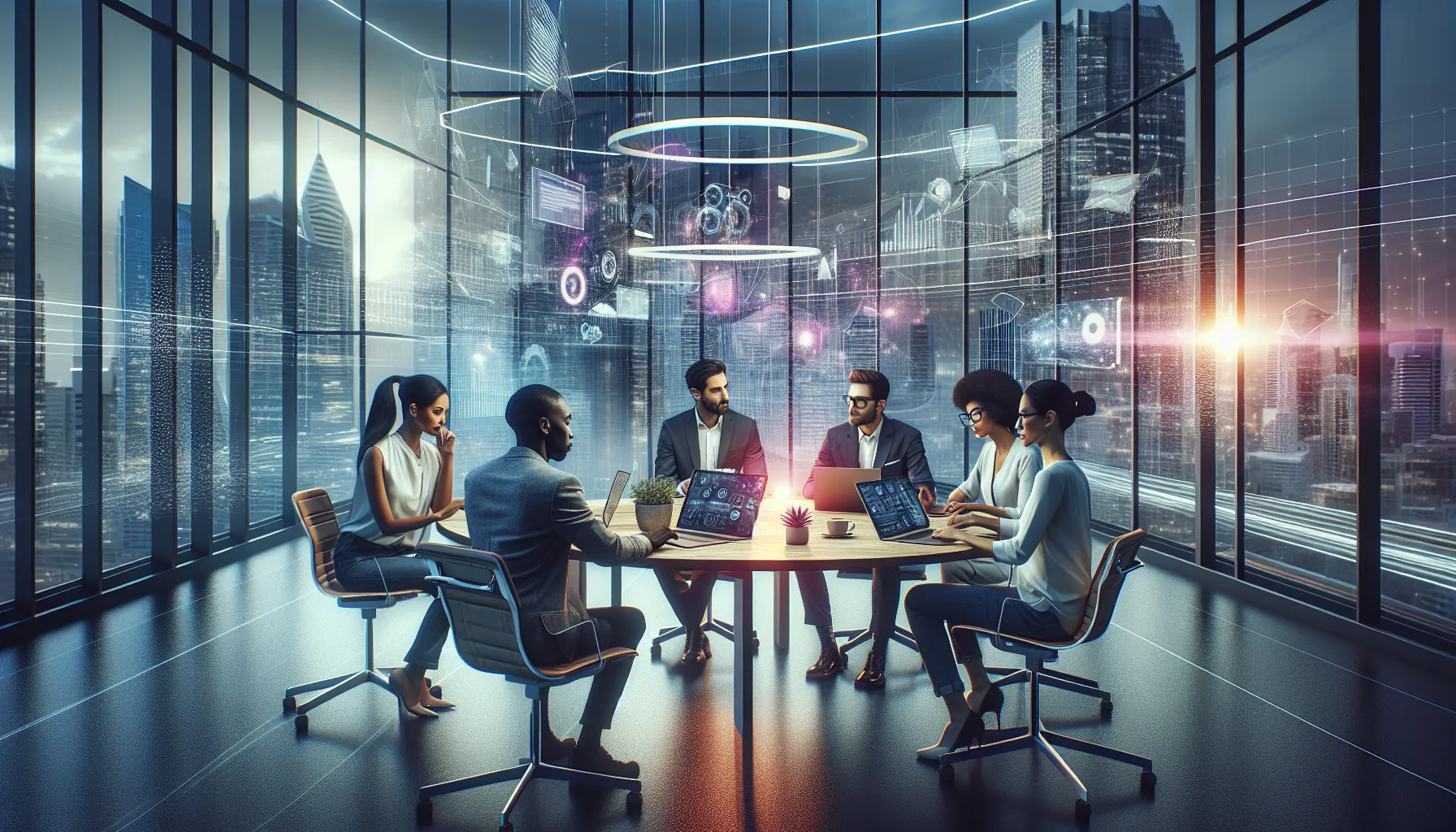 diverse team collaborating in a high-tech digital workspace.