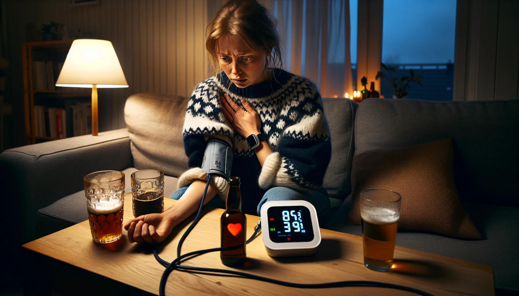 Hvordan alkohol påvirker hjertehelsen din 2 Norwegian woman checks blood pressure after drinking, smartwatch shows high heart rate.