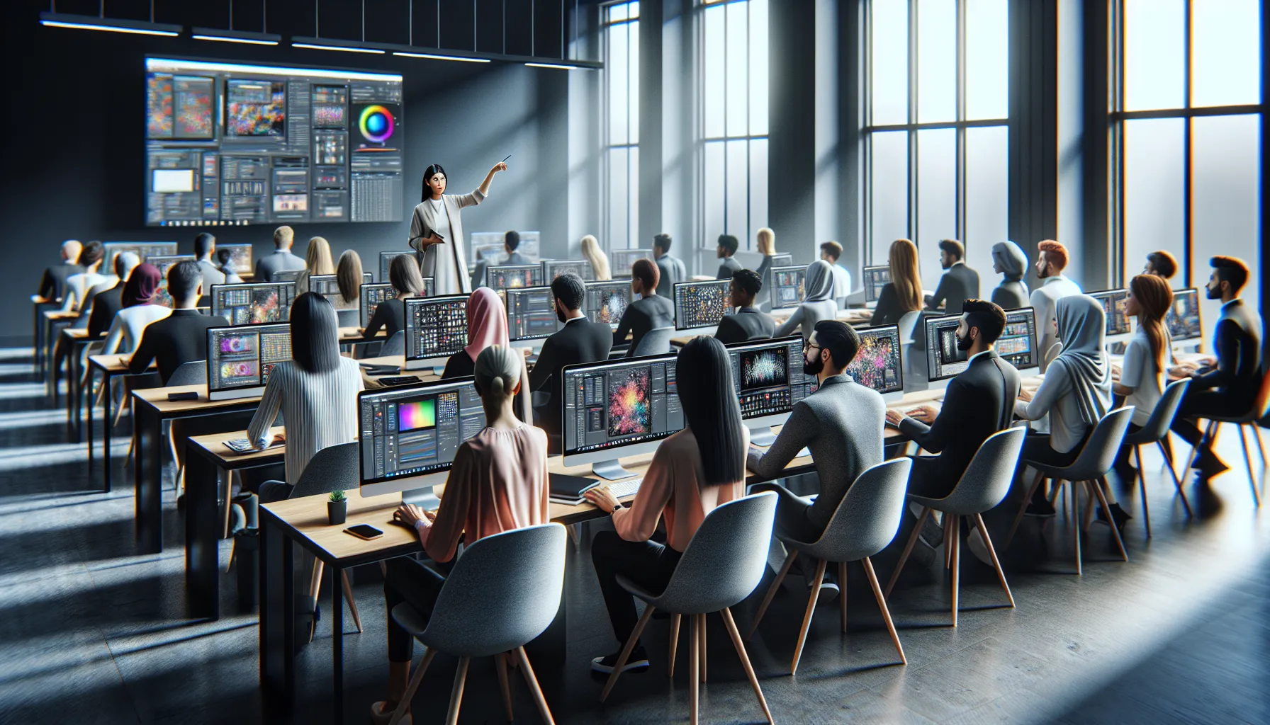 diverse group attending a Photoshop course in a modern classroom.