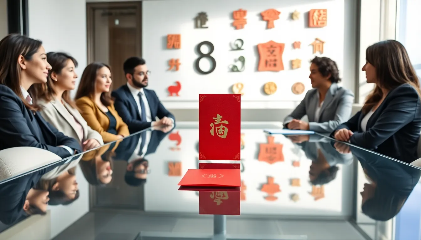 diverse team in a modern office discussing Chinese luck symbols.