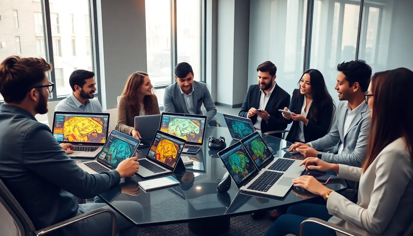 diverse team collaborating on game development in a modern office.