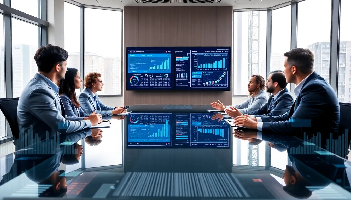 diverse professionals discussing product identifiers in a modern office.