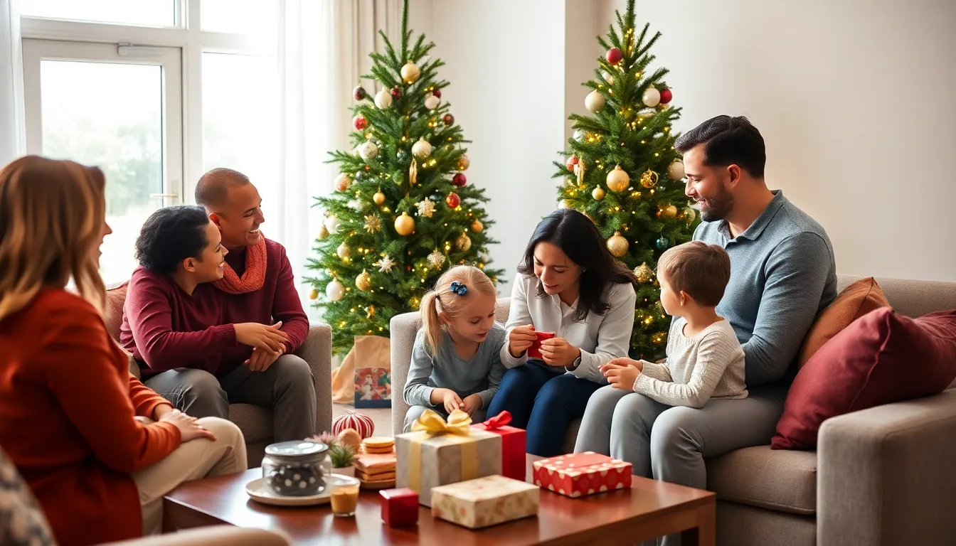 diverse parents sharing holiday time with their child in a cozy living room.