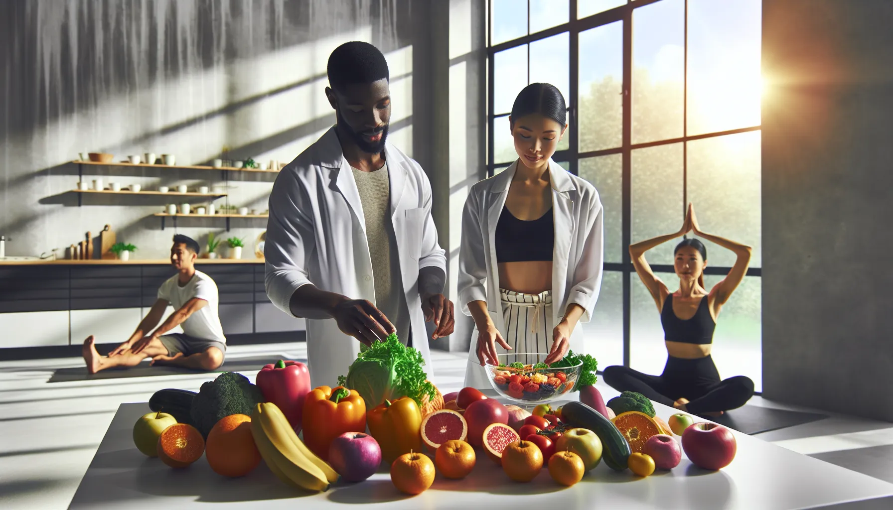 diverse individuals showcasing holistic wellness practices in a modern setting.