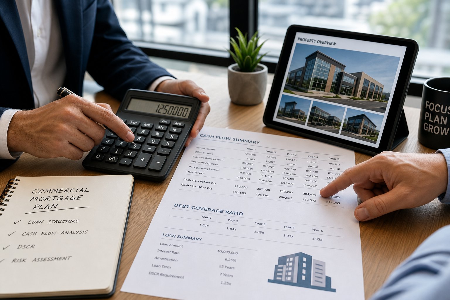 Close-up of hands reviewing commercial mortgage finances with calculator, documents, and tablet.