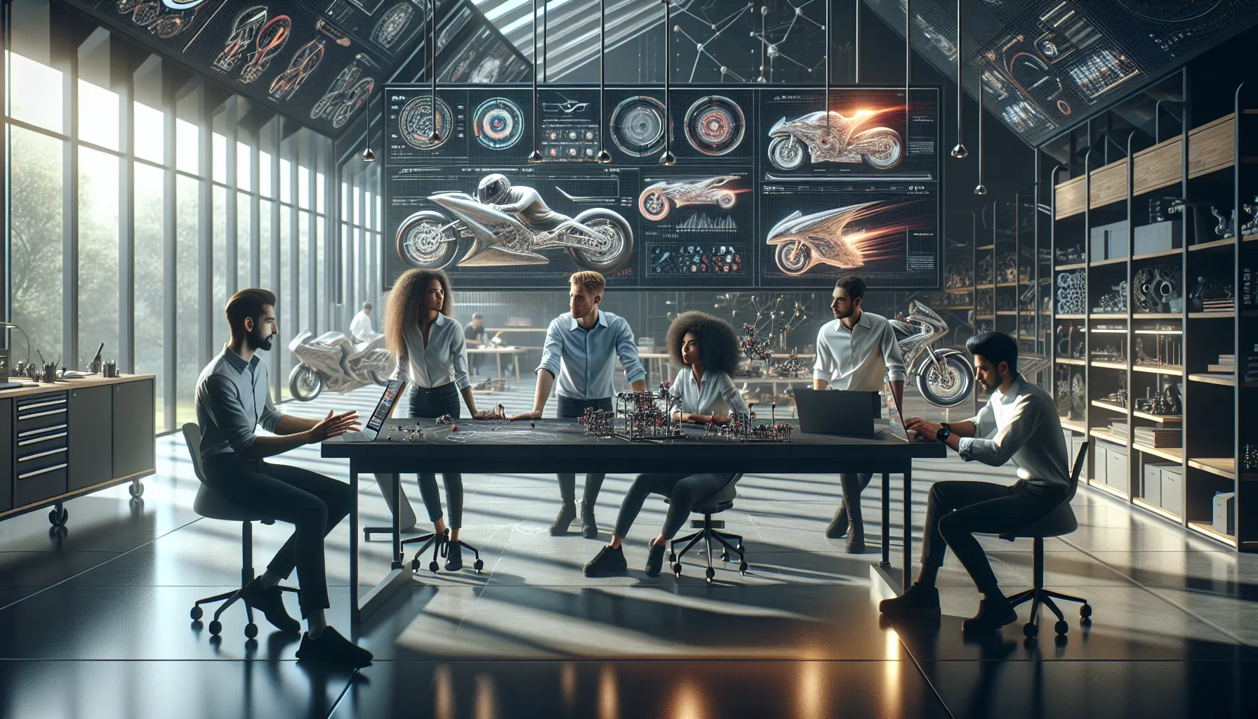 diverse engineers collaborating on motorcycle technology designs in a bright office.