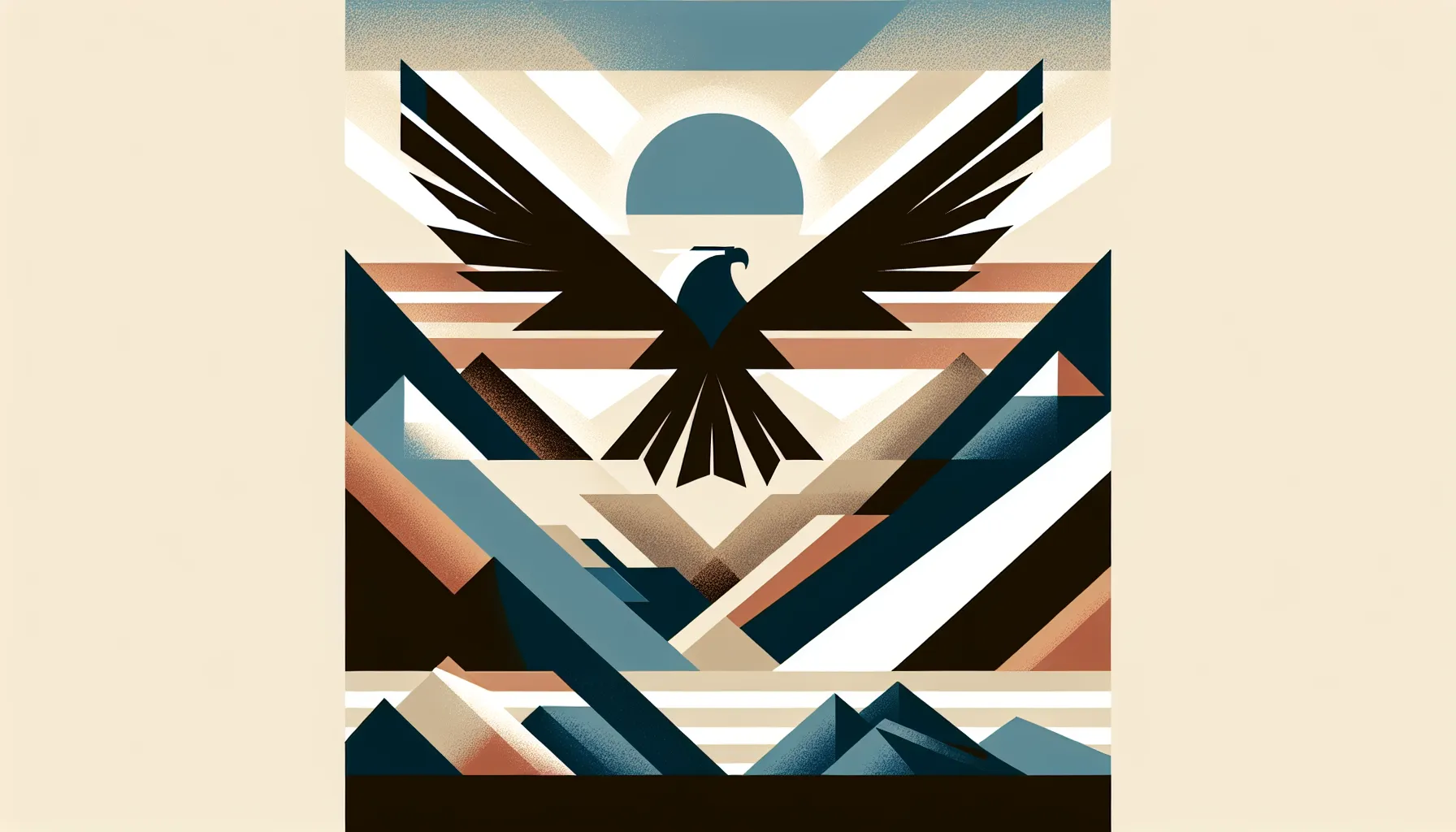 Stylized eagle flying above mountain peaks with light and shadow contrast.