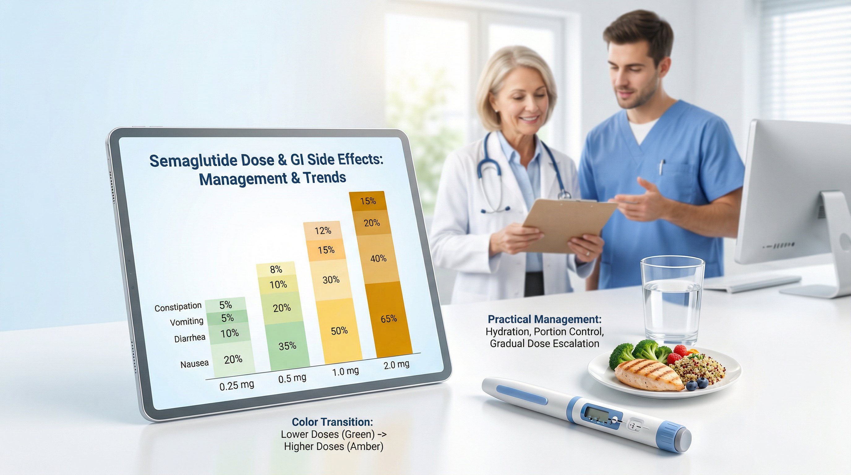 Tablet showing semaglutide side effect chart with injection pen and healthcare professionals.