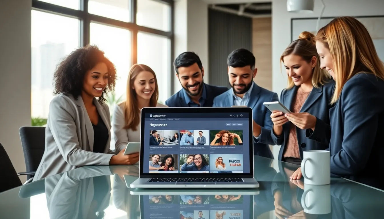 diverse professionals collaborating around a laptop displaying the Hqpoorner tool.