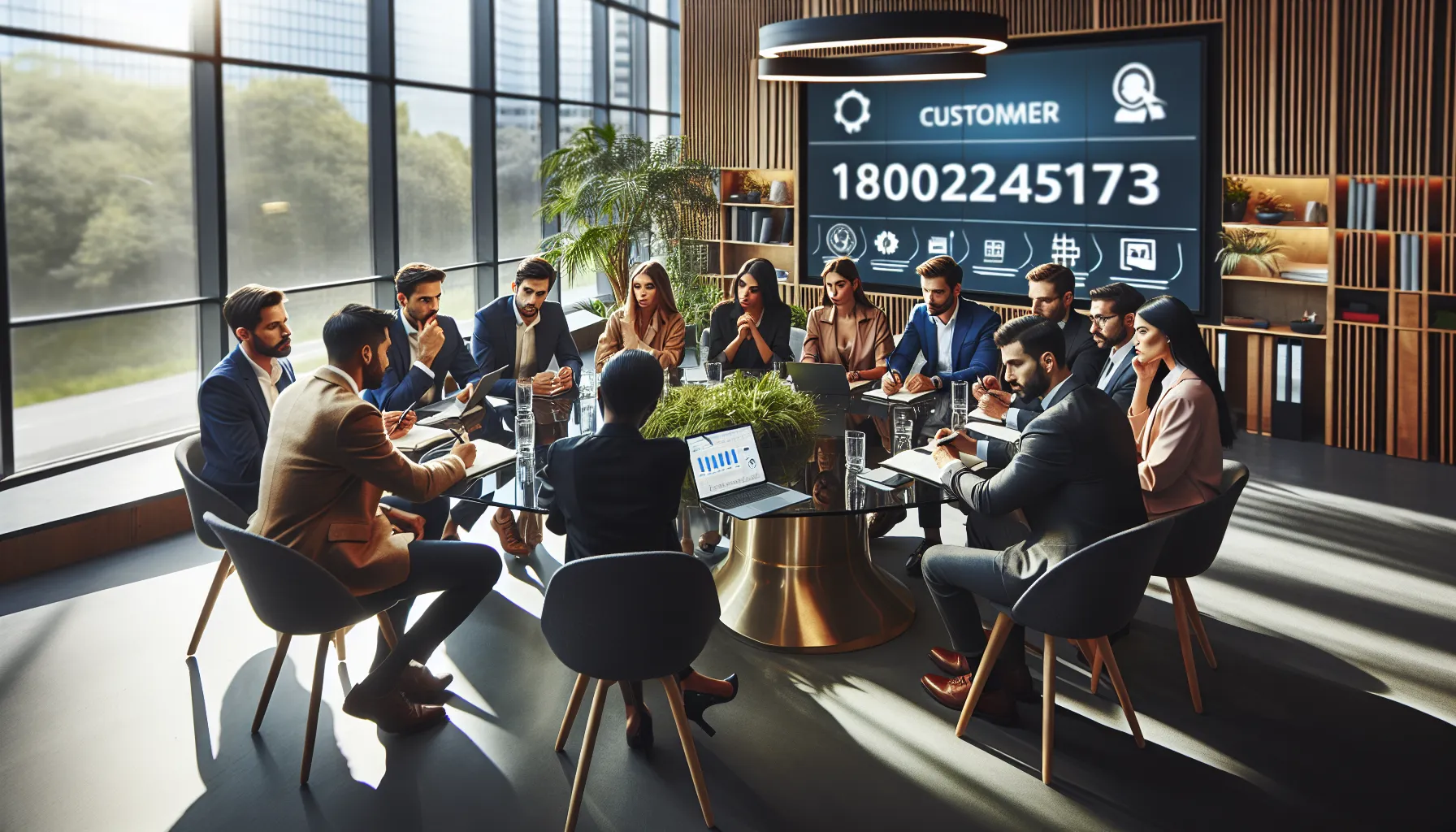 diverse professionals in a modern office discussing customer support services.