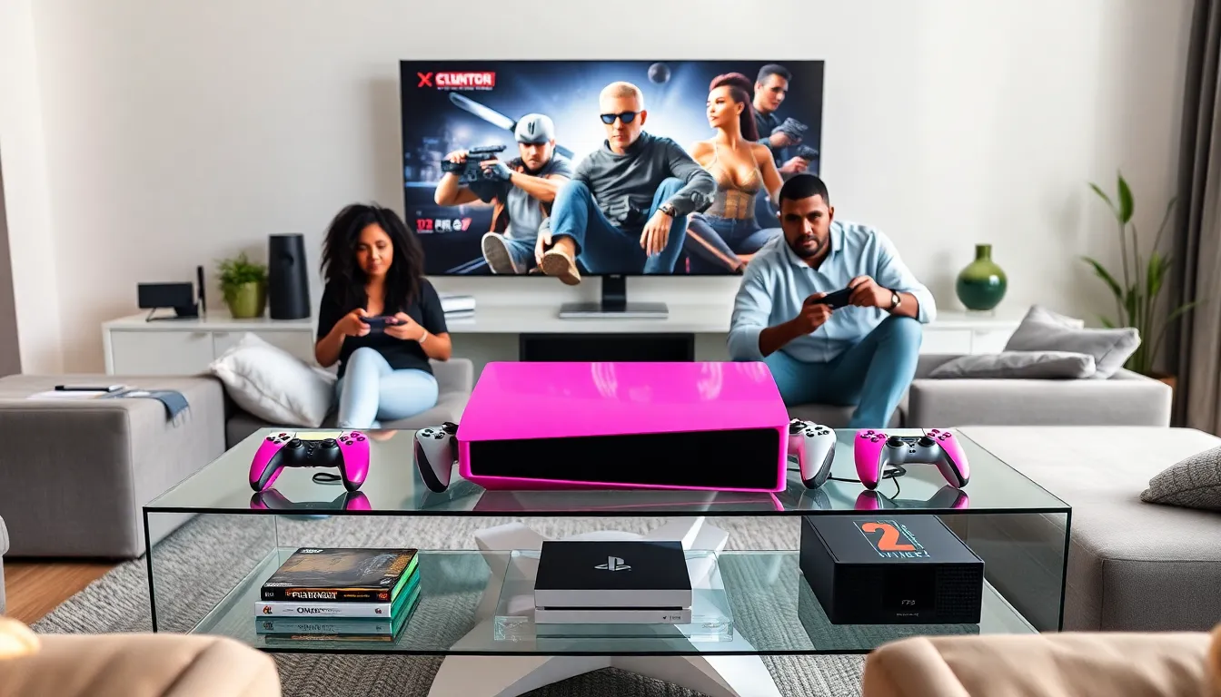 A vibrant pink PlayStation 5 displayed in a stylish living room.