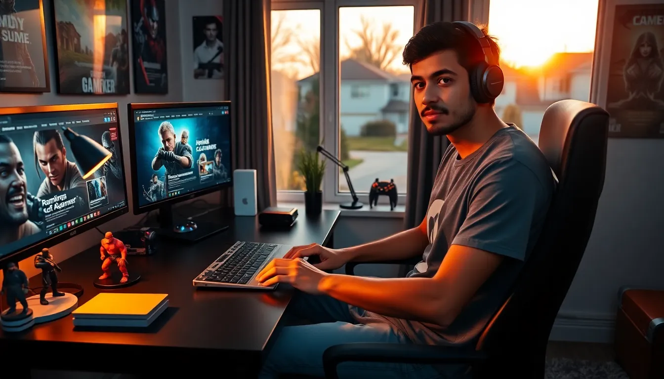 a young gamer at a desk with dual monitors and gaming memorabilia.