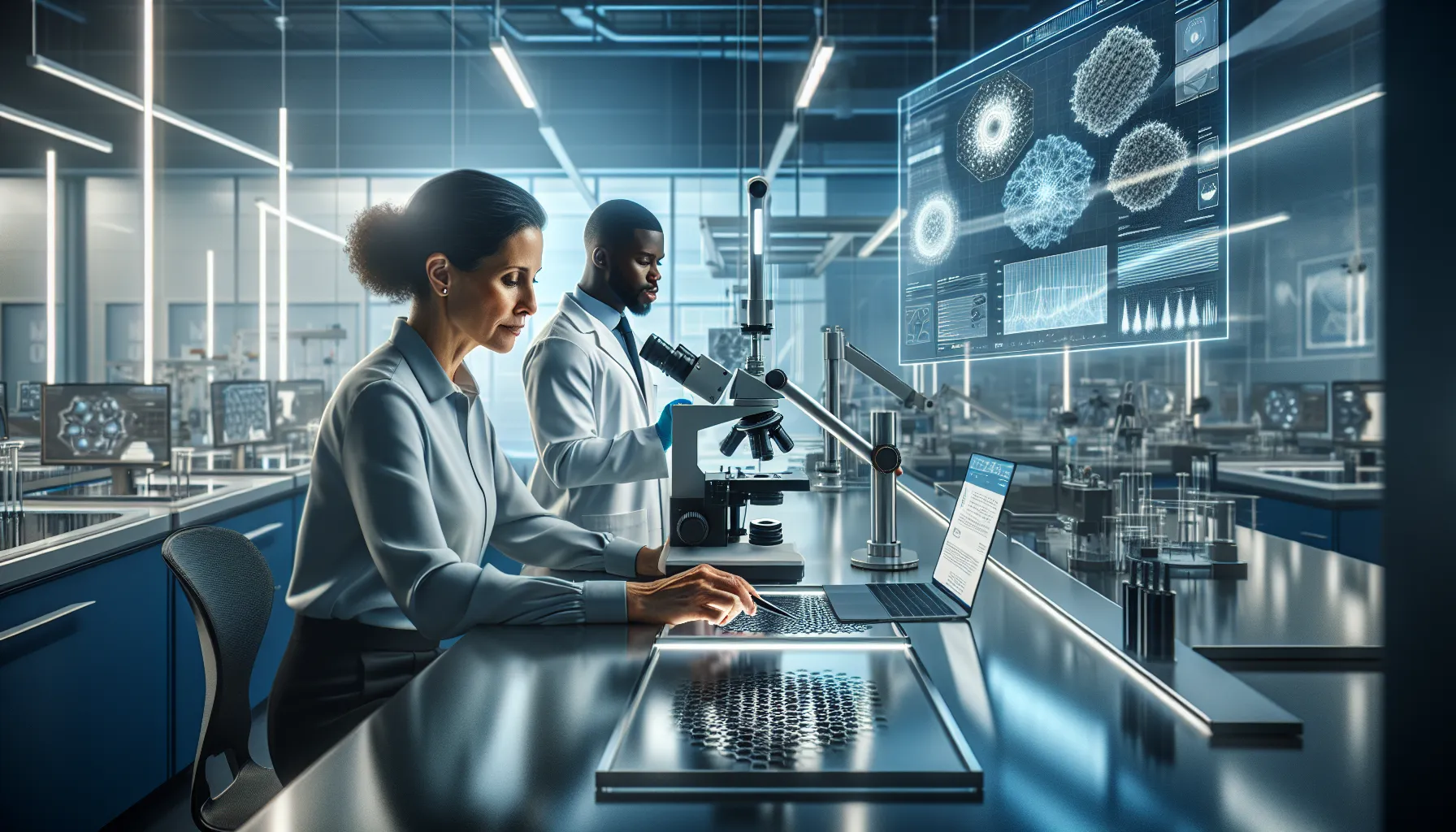 Researchers analyzing ultra thin films in a modern lab setting.