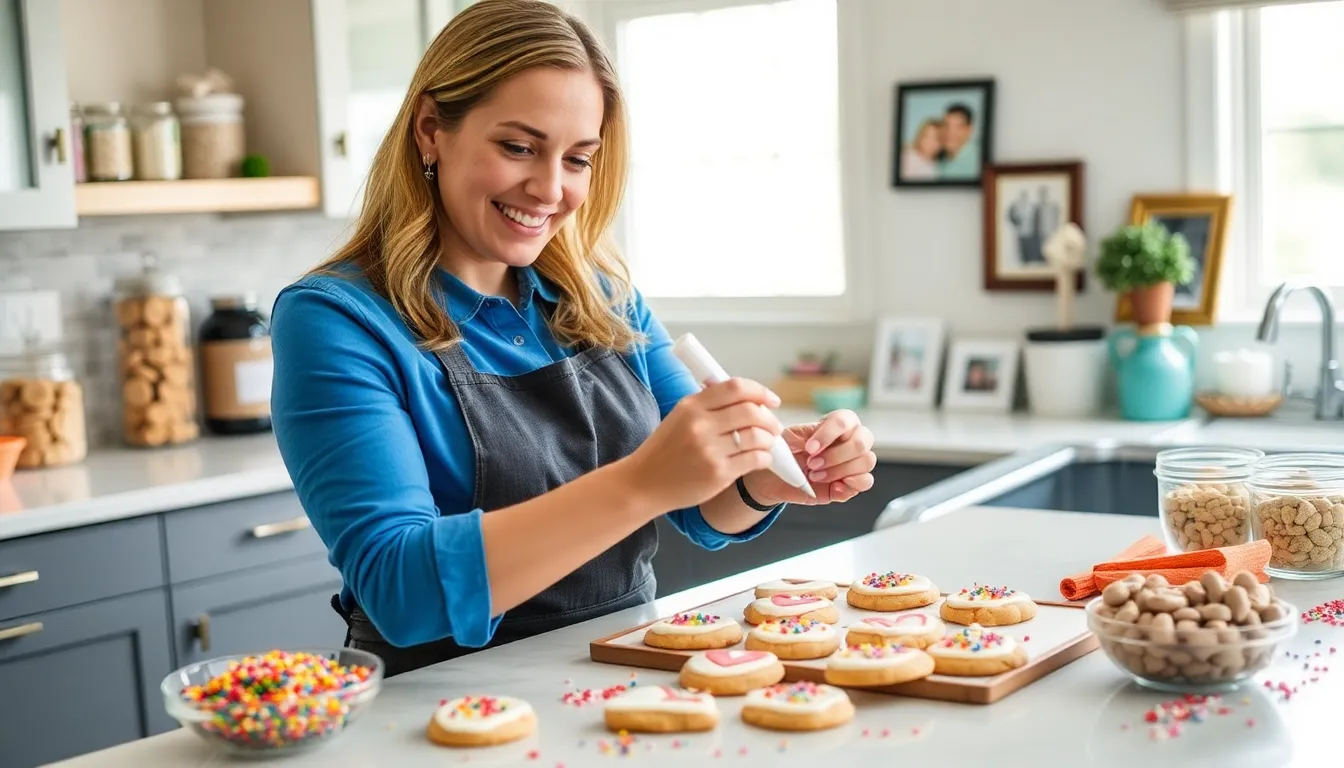 Kelly Griffin decorating cookies in a bright, welcoming kitchen.
